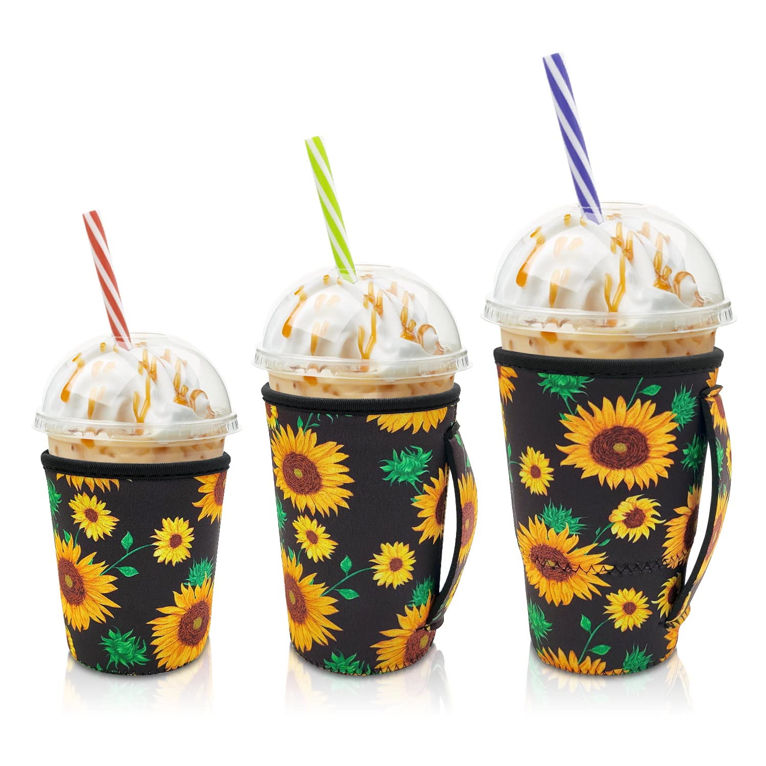 Iced Coffee Sleeve Insulator Sleeves for Cold Drinks Beverages, 3 Pack Reusable Neoprene Cup Sleeve with Handle for 16-32oz Coffee cups（Black Sunflower）