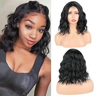 Aisaide 14 Inch Black Wavy Bob Wig for Women Wavy Hair Lace Wigs Wavy Wig Middle Part Short Bob Wavy Curly Wig Synthetic Heat Resistant Bob Wigs