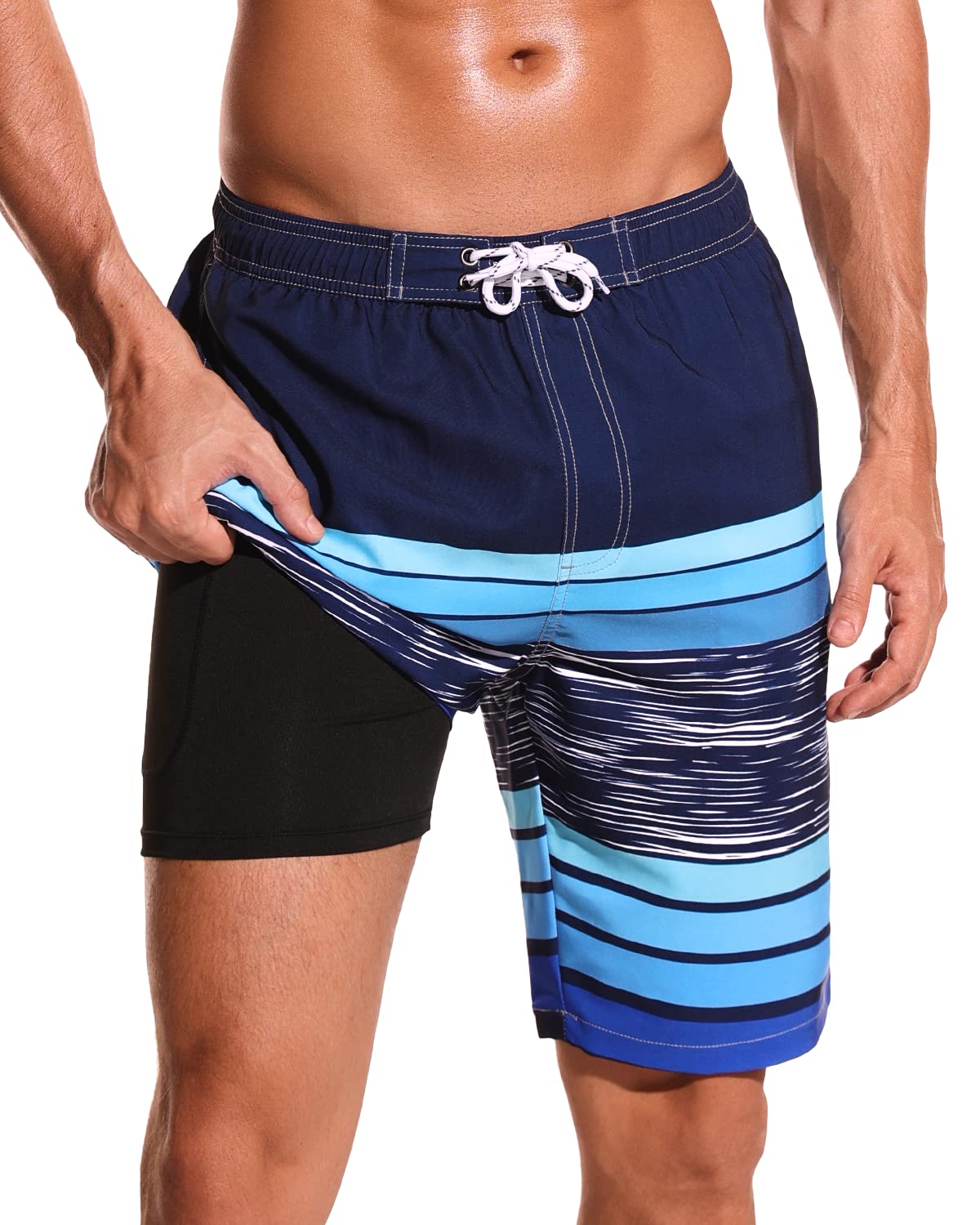 Mens Swim Trunks with Compression Liner 9" Beach Board Shorts Men 2 in 1 Quick Dry Bathing Suit with Pockets, Navy+blue, M-image-31