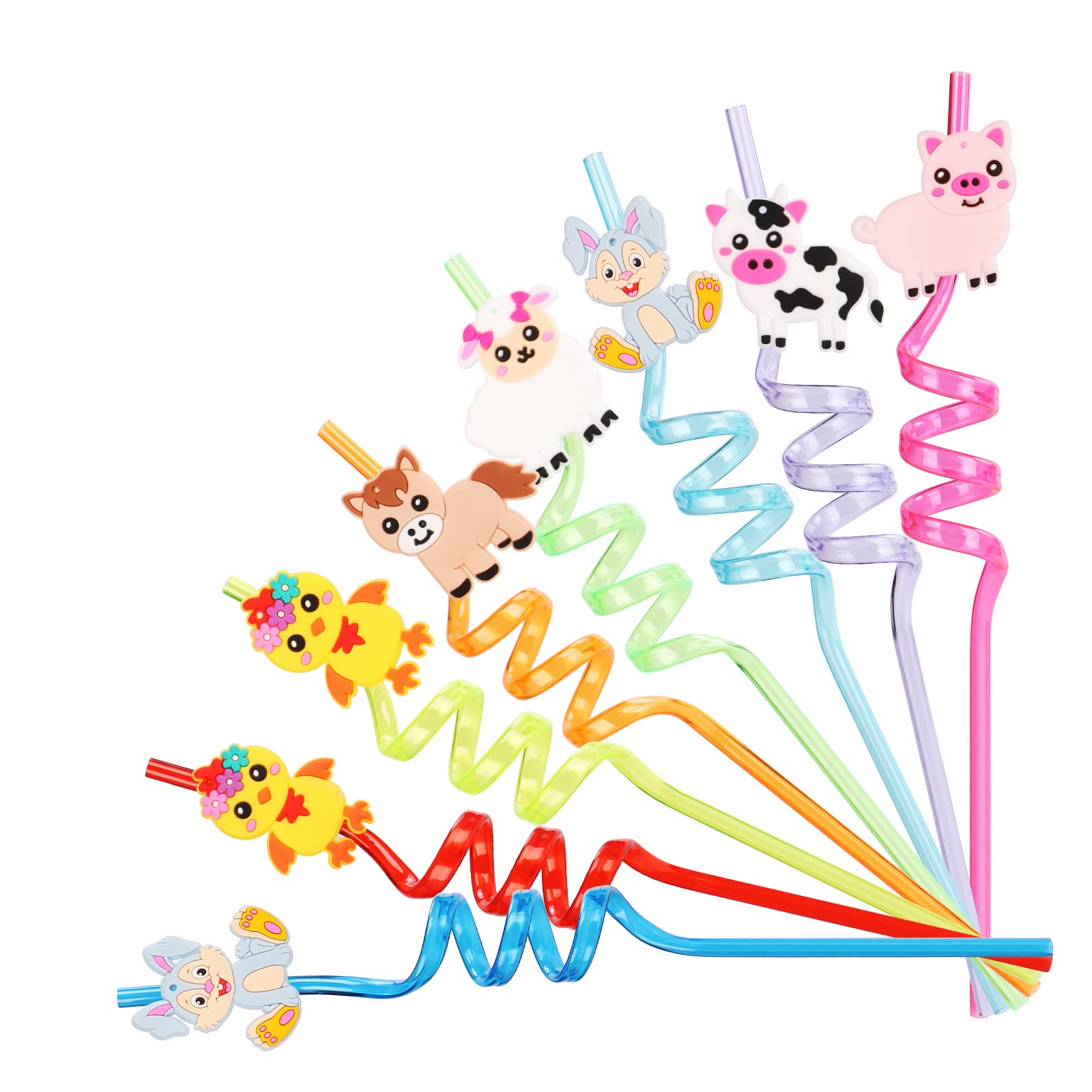 24 Reusable Plastic Straws Party Favors for Kids, Crazy Farm Animal Straws for Barnyard Farm Birthday Party Supplies Animals Pig Cow Horse Party Favor Decorations Gifts, 6 Styles 8 Color