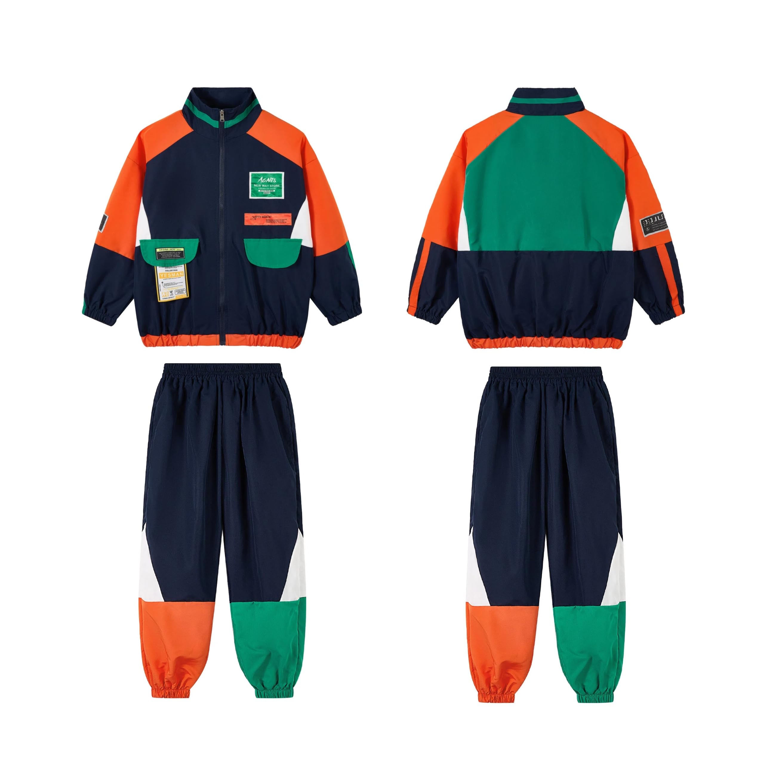 Lolanta Completo Hip Hop per Bambini 2 Pezzi, Tuta da Danza con Giacca a Zip e Pantaloni Jogger, Stile Retrò Color Block Streetwear Unisex