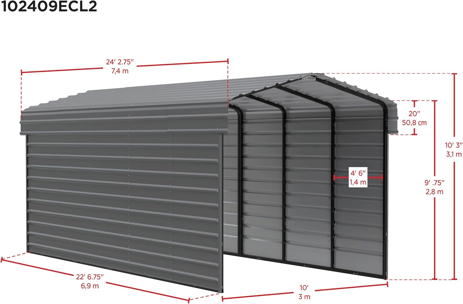 Arrow Carports Galvanized Steel Carport, with 2-Sided Enclosure, Compact Car Metal Carport Kit, 10' x 24' x 9', Charcoal