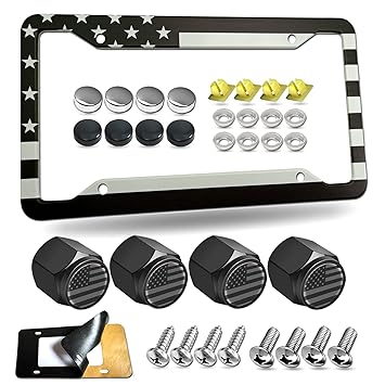 Aootf American Flag License Plate Frame- USA Patriotic Car Tag Cover with Black/Chrome Screws Caps Fasteners, Heavy Duty Thin Line Aluminum Holder 4 Hole, U.S. Flag Tire Valve Caps, Rattle/Rust Proof