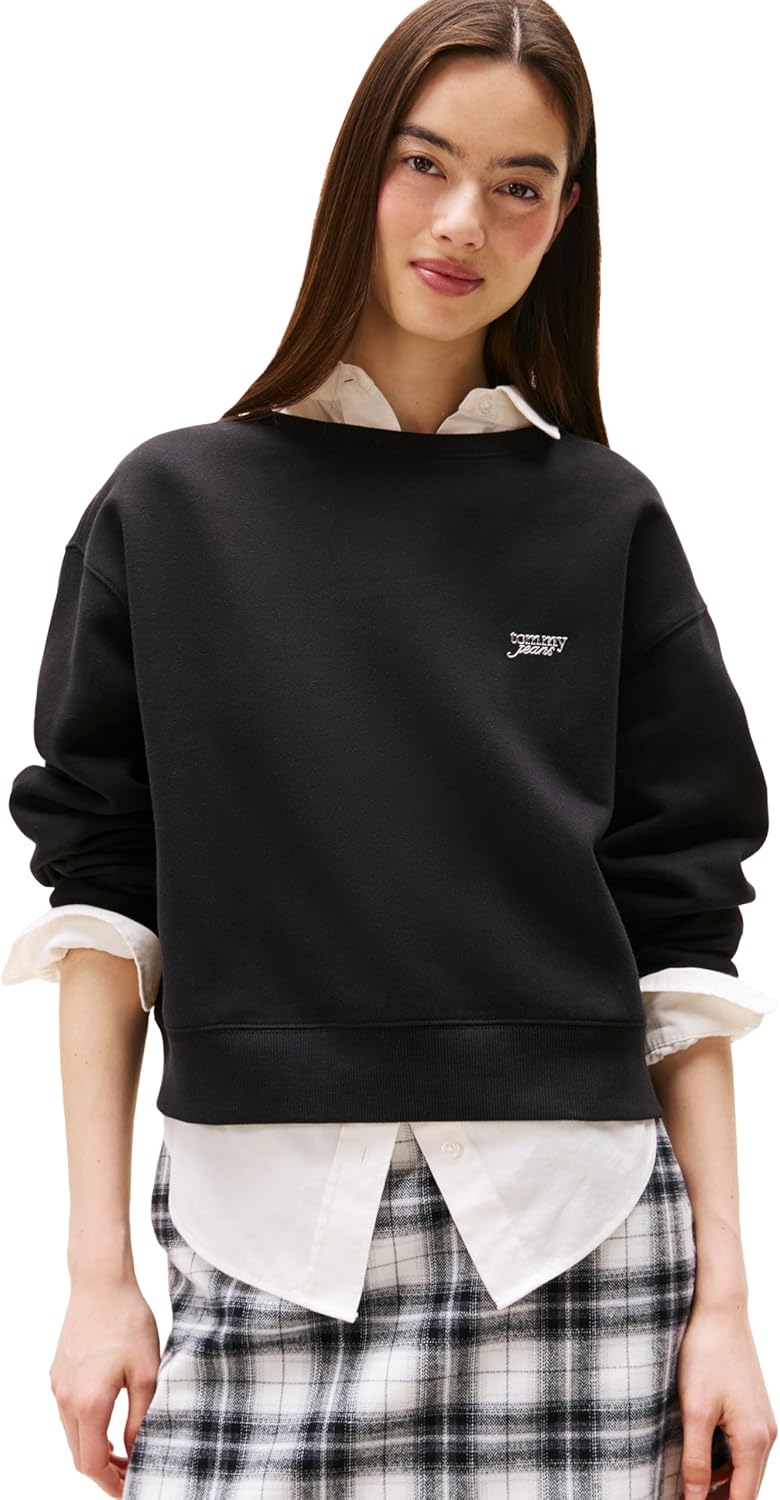 Tommy Jeans Women's Medium Weight Pullover Crewneck with Embroidered Silver Script Logo