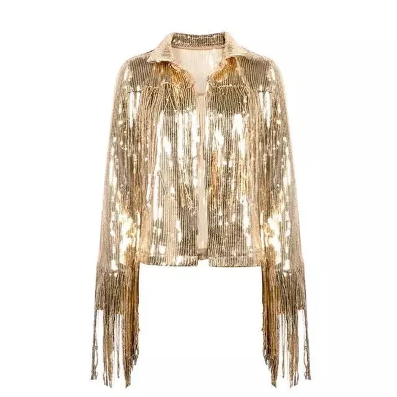 Top con Frange Giacca con Paillettes da Donna, Top da Discoteca, Bar, Spettacolo di Danza, Abbigliamento alla Moda per Le Donne(Gold)