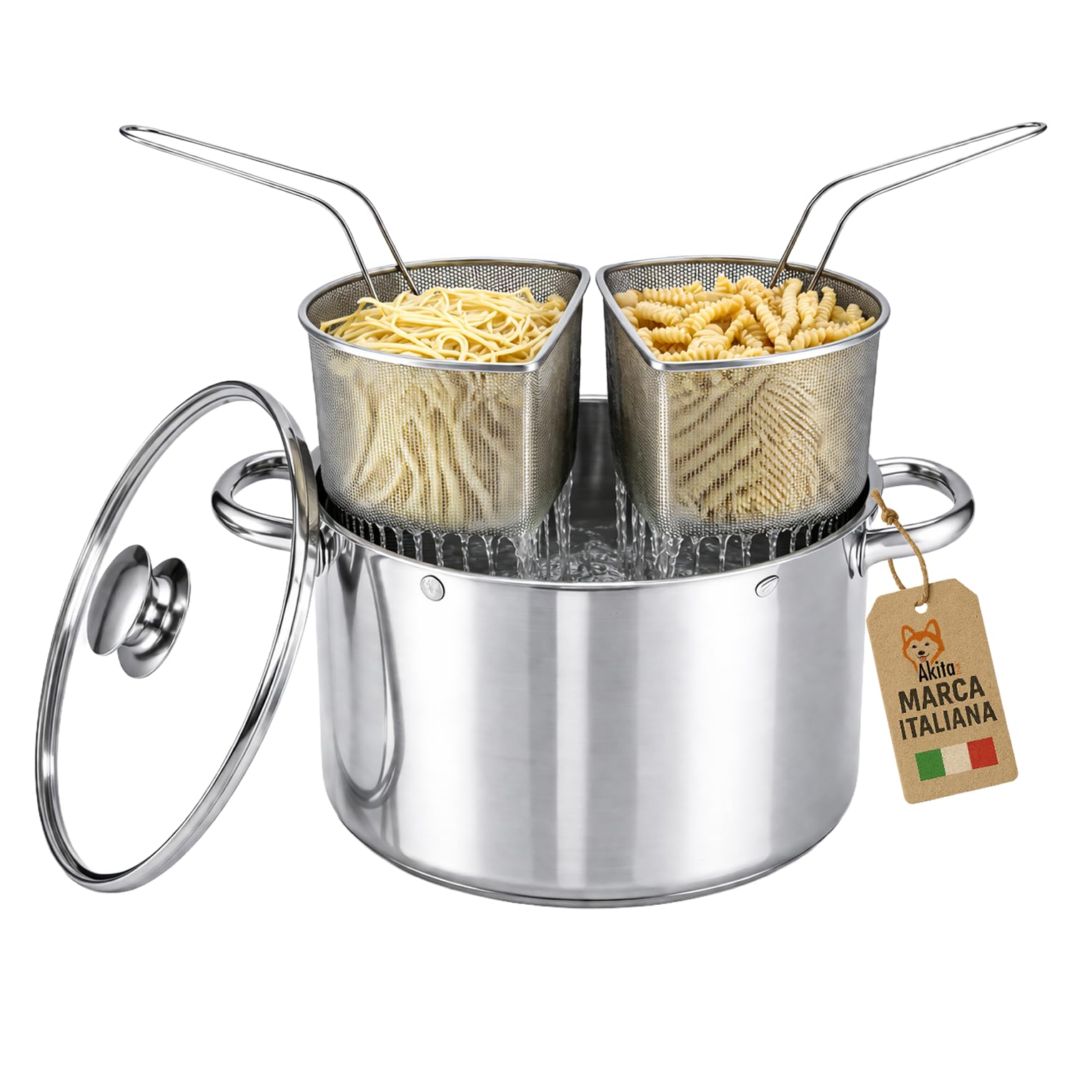 AKITAInk Bollipasta Duna 24 cm in Acciaio Inox con 2 Cestelli e Coperchio in Vetro Temperato, Pentola per Pasta con Scolapasta Integrato, Resistente e Pratica