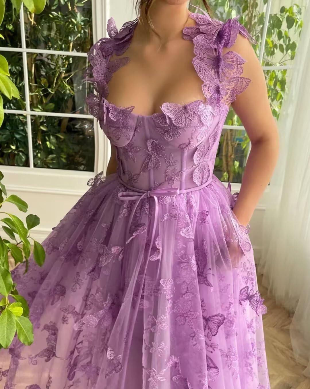 Tulle 3D Butterflies Prom Dresses for Teens Embroidered Spaghetti Strap Evening Party Gowns with Pocket