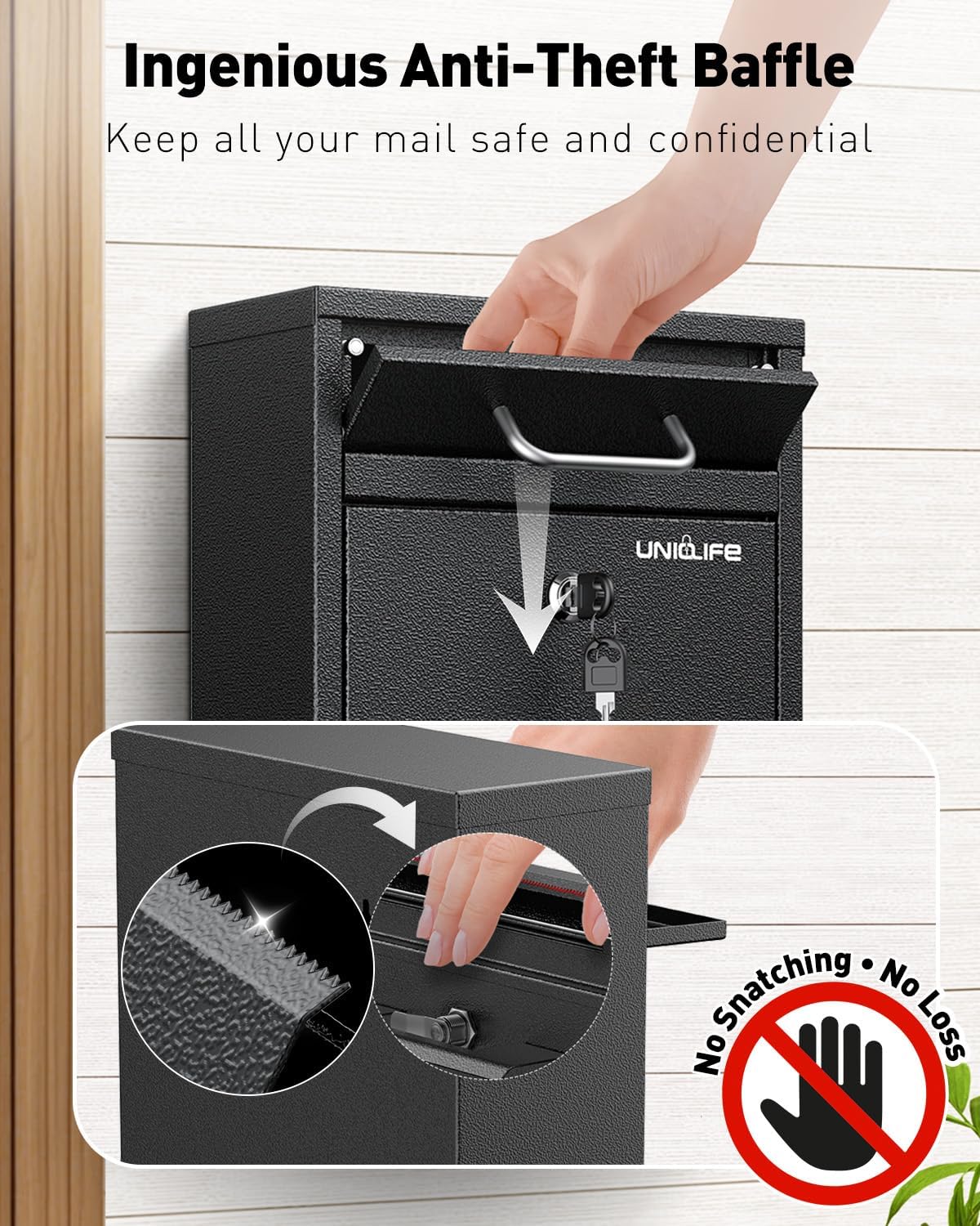 Uniclife Wall Mount Mailbox for Outside, Anti-Theft Heavy Duty Locking Mailbox, Large Mailbox with Key Lock, Security Mail Box, Safe Key Drop Box, Post Box, Steel Cash Drop Box for Home Office, Black
