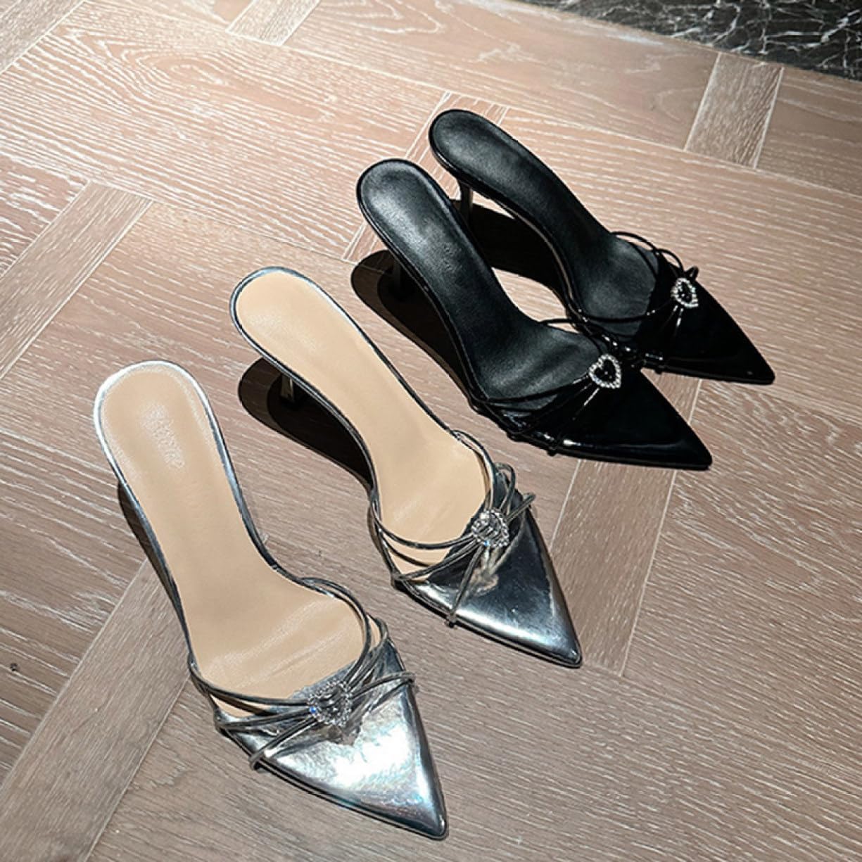 [LECMT] ミュール オープントゥ ラインストーン装飾 ハイヒール レディース セクシー ピンヒール 痛くない 脱げない 美脚