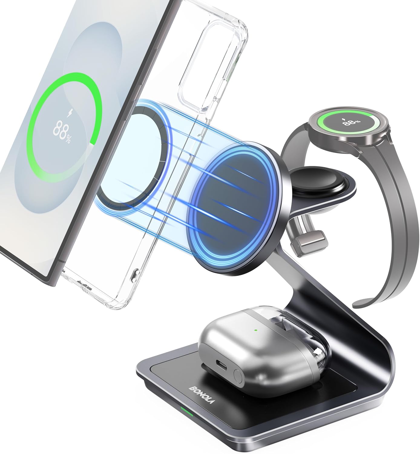 Wireless Charger for Samsung: Magnetic 3 in 1 Wireless Charging Station for Samsung S25 S24 Ultra S23 S22 S21, Aluminum Alloy Charger Dock Stand for Galaxy Watch Ultra/7/6/5/4, Buds 2/2 Pro