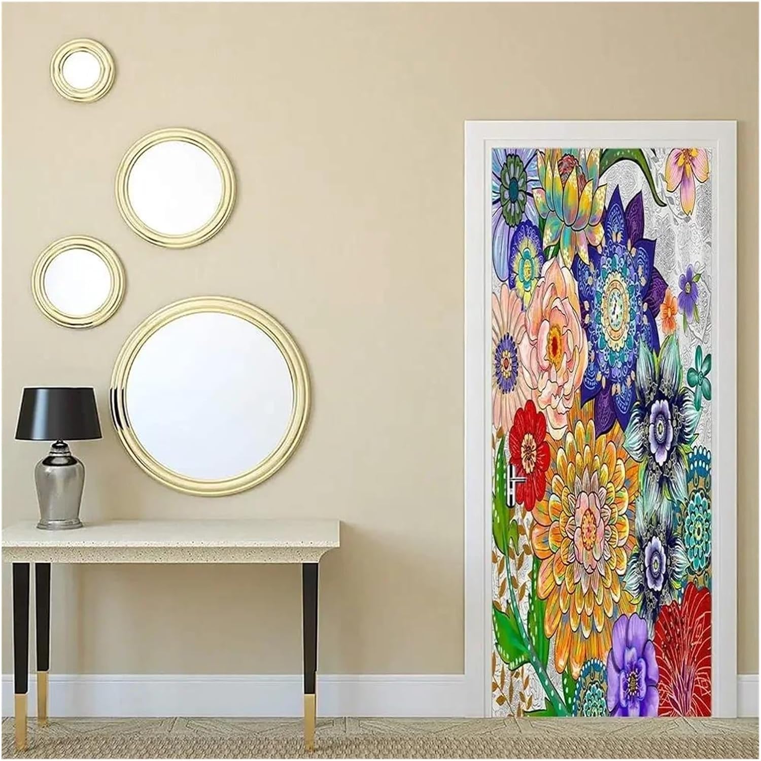 ドアデカール3D 3D 花ドアステッカー壁紙カラフルな花葉ドア壁画取り外し可能な油絵アートスタイル植物壁画(F,95x215cm)