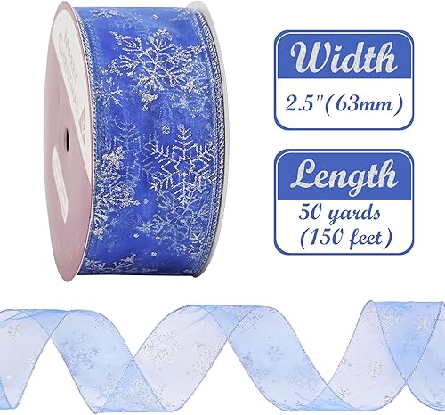 Miniatura 2 de AIMUDI Cinta de Navidad azul real con alambre de 2.5 pulgadas, guirnalda de árbol de Navidad plateada y azul, cinta azul con alambre de copo de