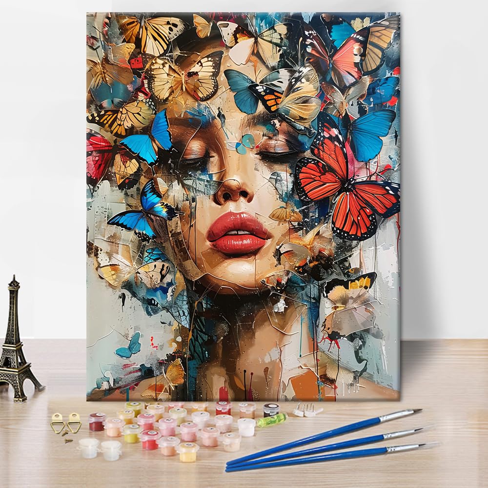 Abstract Girl Paint by Numbers Beautiful Woman with Butterflies on Her Face Paint by Numbers Kit for Adults Graffiti Girl DIY Paint by Number for Adults Beginners Enthusiasts 16x20inch Frameless