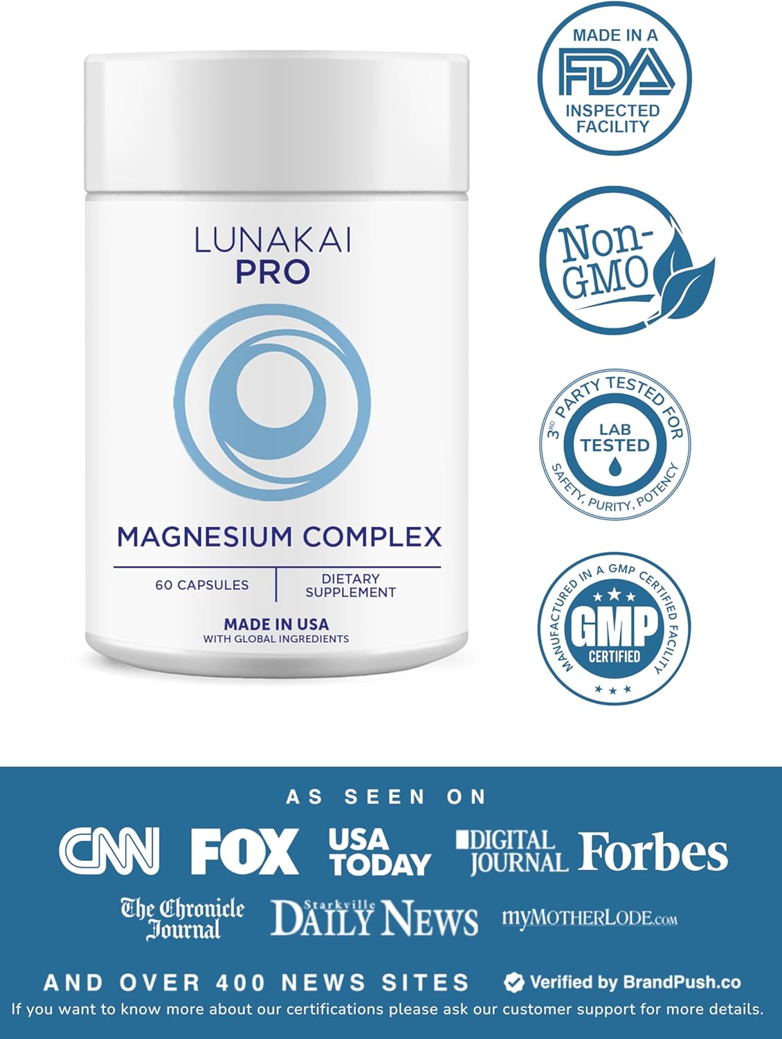 Lunakai PRO USA Made 7-in-1 Magnesium Complex for Women & Men - 405mg Blend with B6 P-5-P for Daily Muscle, Sleep, Stress & Energy Support, Non-GMO, 60ct