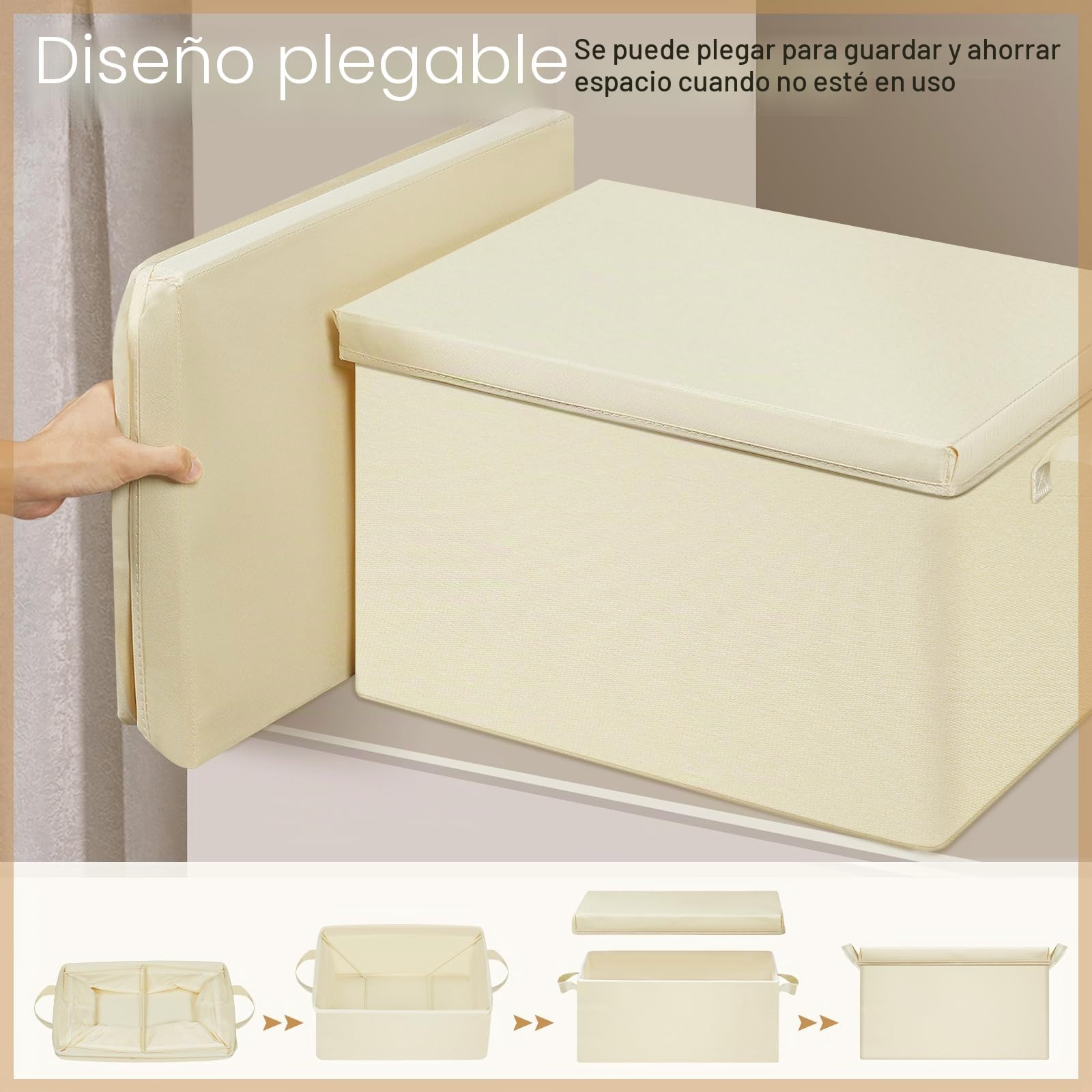 WOLTU Cajas de Almacenaje con Tapa, Juego de 5 Cajas Plegables, 5 Cajas Organizadoras con Asas, Cajas Almacenaje de Tela, Cestas Resistentes para Ropa y Juguetes, Crema, 43x26x33 cm