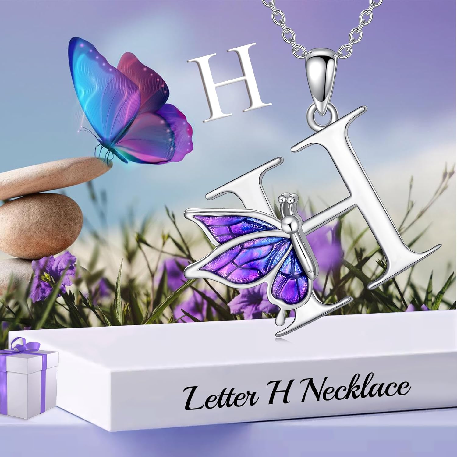 LONAGO Initial Necklace for Women 925 Sterling Silver Purple Butterfly with A-Z 26 Letters Pendant Necklace for Graduation Gifts - Image 4