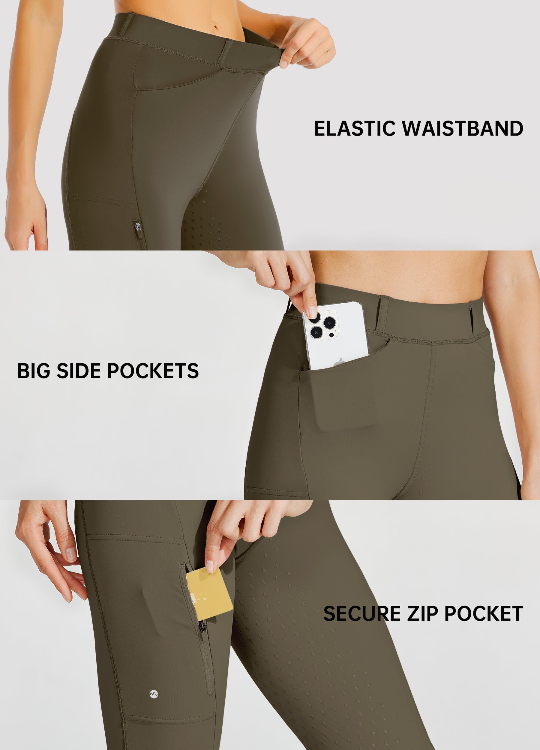 WILLIT Pantalones de equitación para mujer con ribete completo de silicona, cintura alta, elásticos, con bolsillo de cremallera, trabillas para cinturón