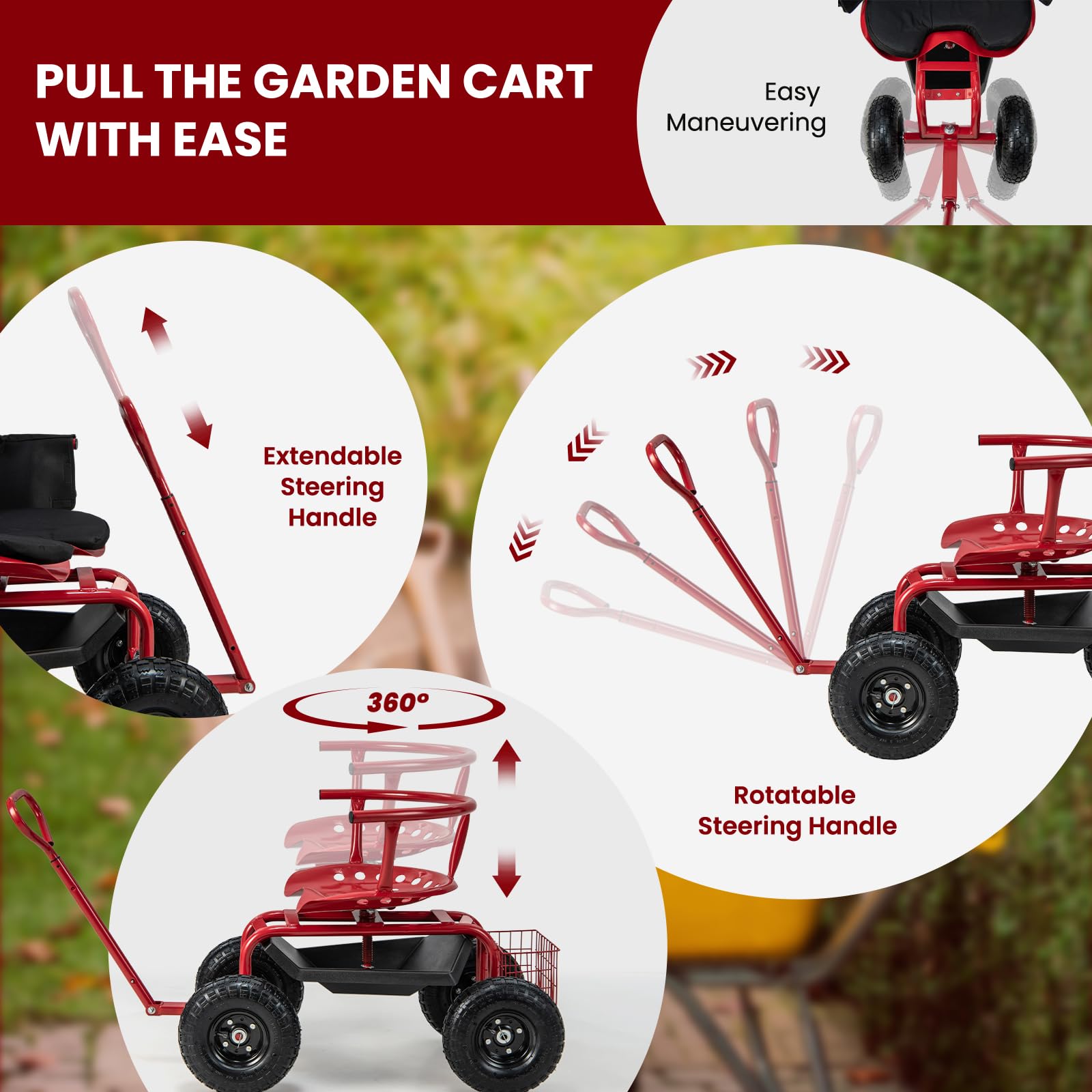 SOARS Rollsitz für Gartenarbeit, Gartensitz 360°drehbar, 60-69cm höhenverstellbar, Gartenwagen mit ausziehbarem Griff, Ablage & Korb, Arbeitssitz 135kg belastbar für Gartenarbeit & Autopflege