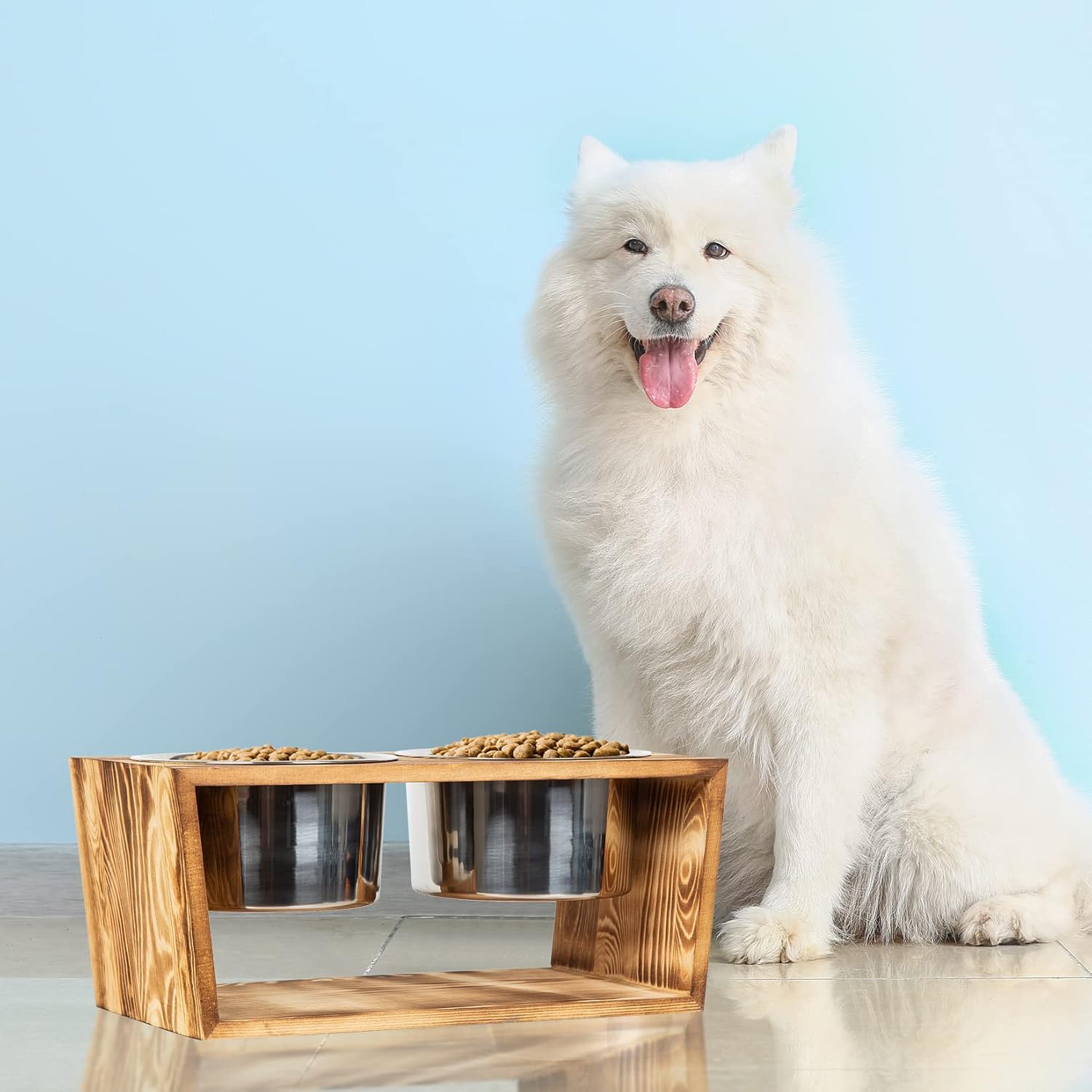Rustic Wood Dog Cat Raised Bowls Elevated Pets Bowl Stand for Large Dogs and Cats Pet Feeder with Two Stainless Steel Bowls (Brown)
