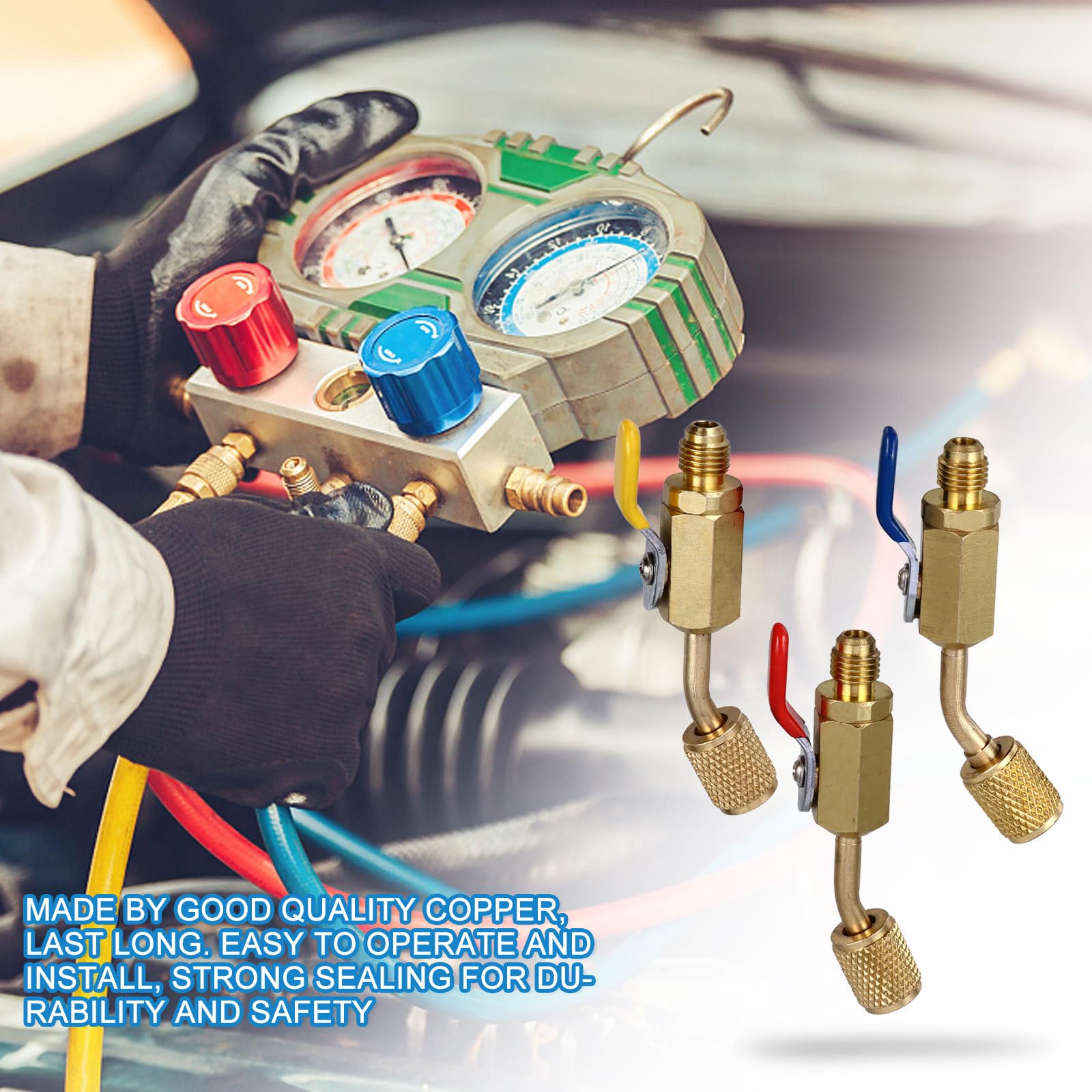NUOBESTY Raccord Frigorifique 3 Pièces en Cuivre Vanne à Bille Coudée 45 Degrés, Facile à Installer, Adapté pour Manifold et Réfrigérants de Climatisation Automobile