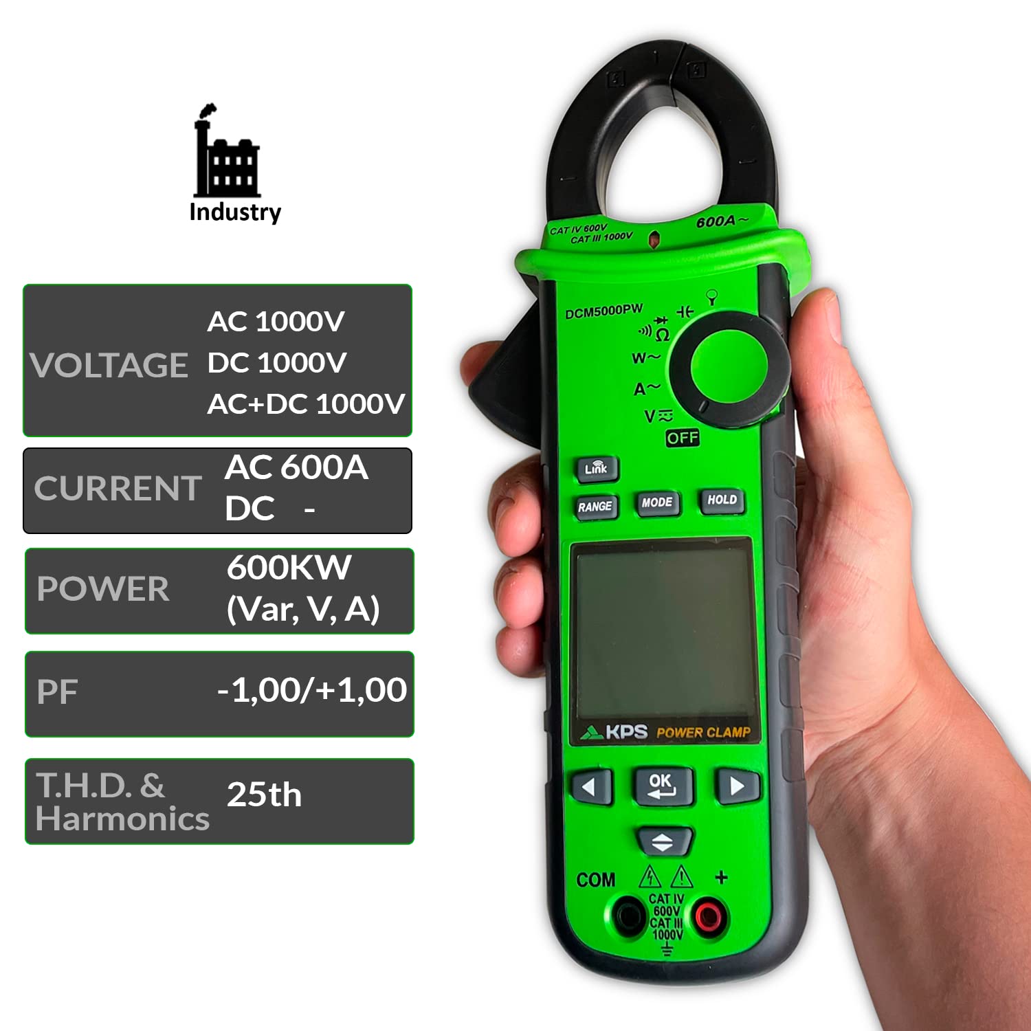 KPS-DCM5000PW Pinza Vatimétrica TRMS Potencia 600kW Armonicos 25th Tensión AC/DC AC+DC 1000V Corriente AC 600A con Bluetooth CAT.IV
