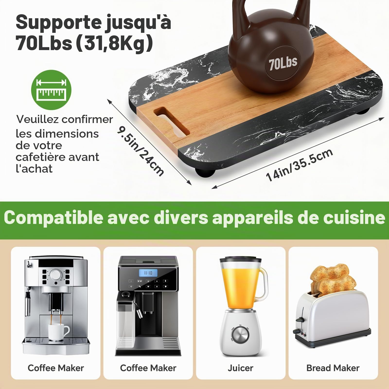 NiHome Plateau coulissant pour cafetière, mixeur, friteuse à air, grille-pain - 36 x 24 cm - Bois d'acacia et marbre - Rouleaux silencieux - Plateau de comptoir anti-rayures (noir)