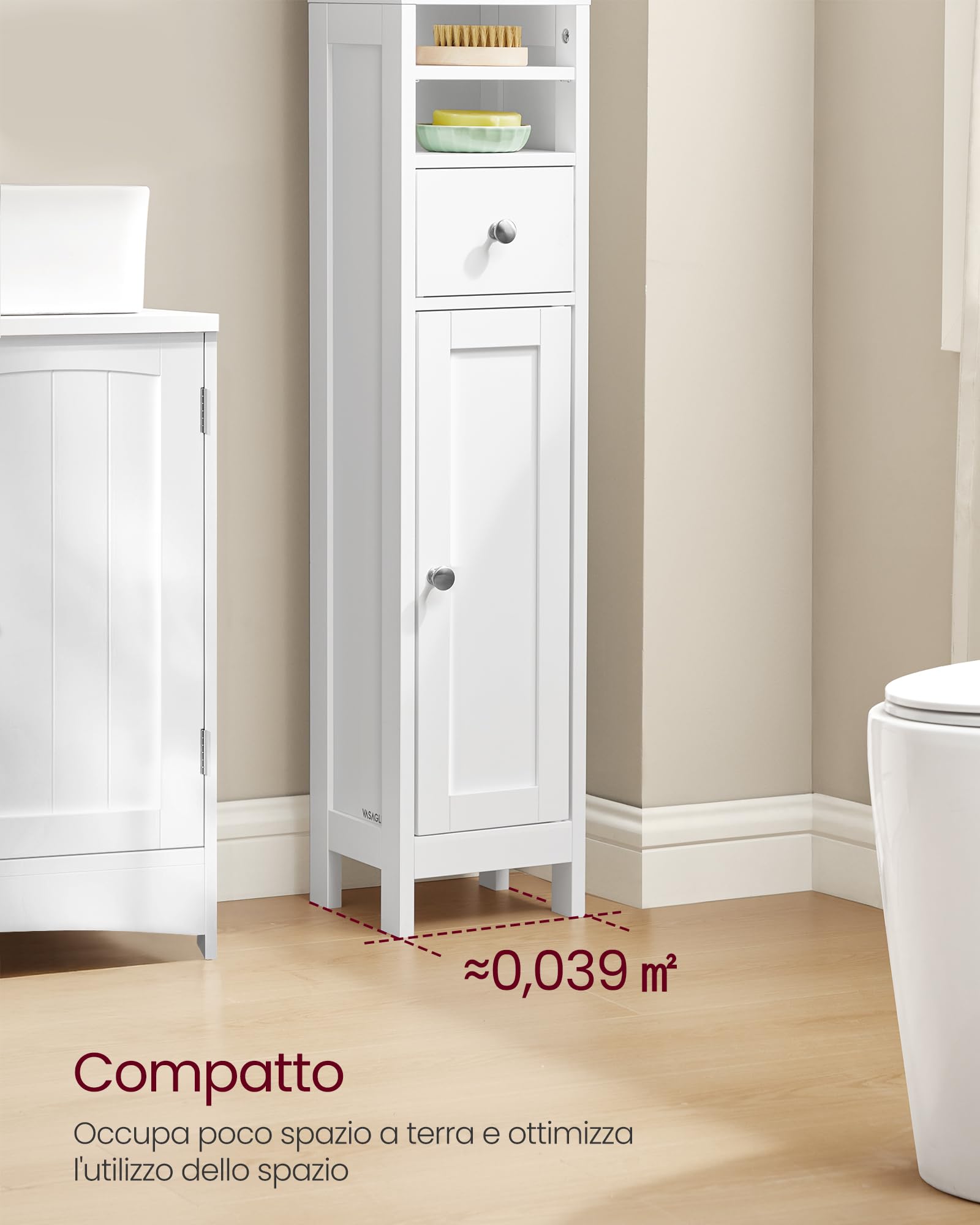 VASAGLE Armadio da Bagno Alto, Mobiletto da Bagno Stretto, con Ripiani Regolabili, Cassetto, Scomparti Aperti, per Piccoli Spazi, Moderno, Bianco Nuvola BBC765W01