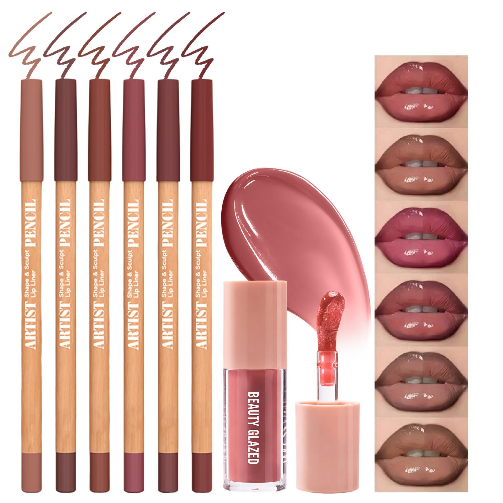 7Pcs Lip Liner & Lip Gloss Kit – Lip Defining Lip Combo Set for Precise Lip Outline, Fuller Looking Lips, Gradient Lips & Glass Lips Look, High Shine Volume Lips Viral Lip Combo, #Nude Pink NUDE-PINK