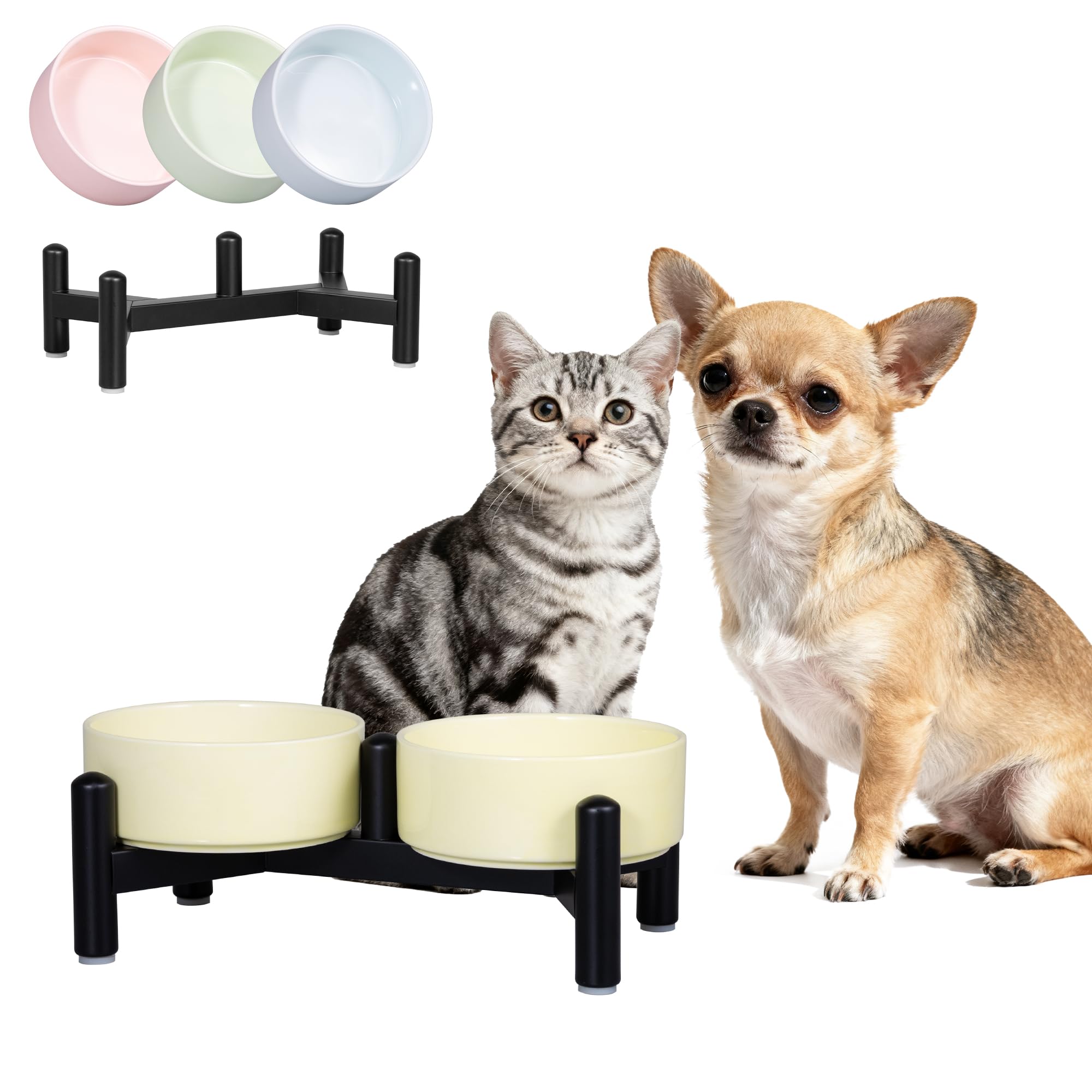 Elevated Ceramic Dog Bowl Set - Cute Double Dishes with Stainless Steel Stand – Raised feeding Bowls For Cats and Small Dogs - Food & Water Set - 5" / 1.4 Cups (140 g / 260 ml) - Yellow