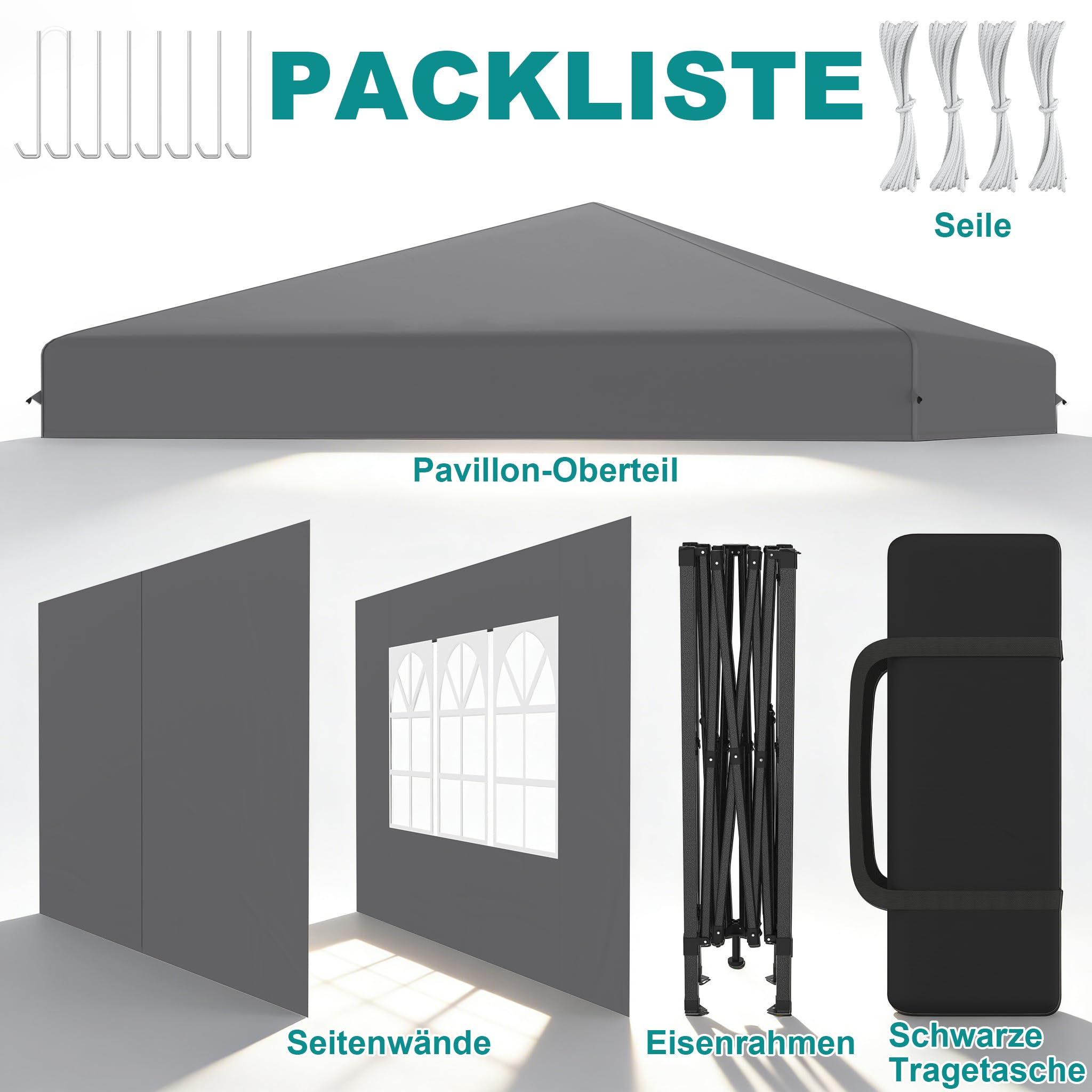YRHome 2.5x2.5m Pop Up Faltpavillon Wasserdicht Pavillon Faltbar Stabil Winterfest mit Seitenwänden Gartenpavillon Höhenverstellbar Gartenzelt UV Schutz Partyzelt Festzelt inkl.Tragtasche - Grau