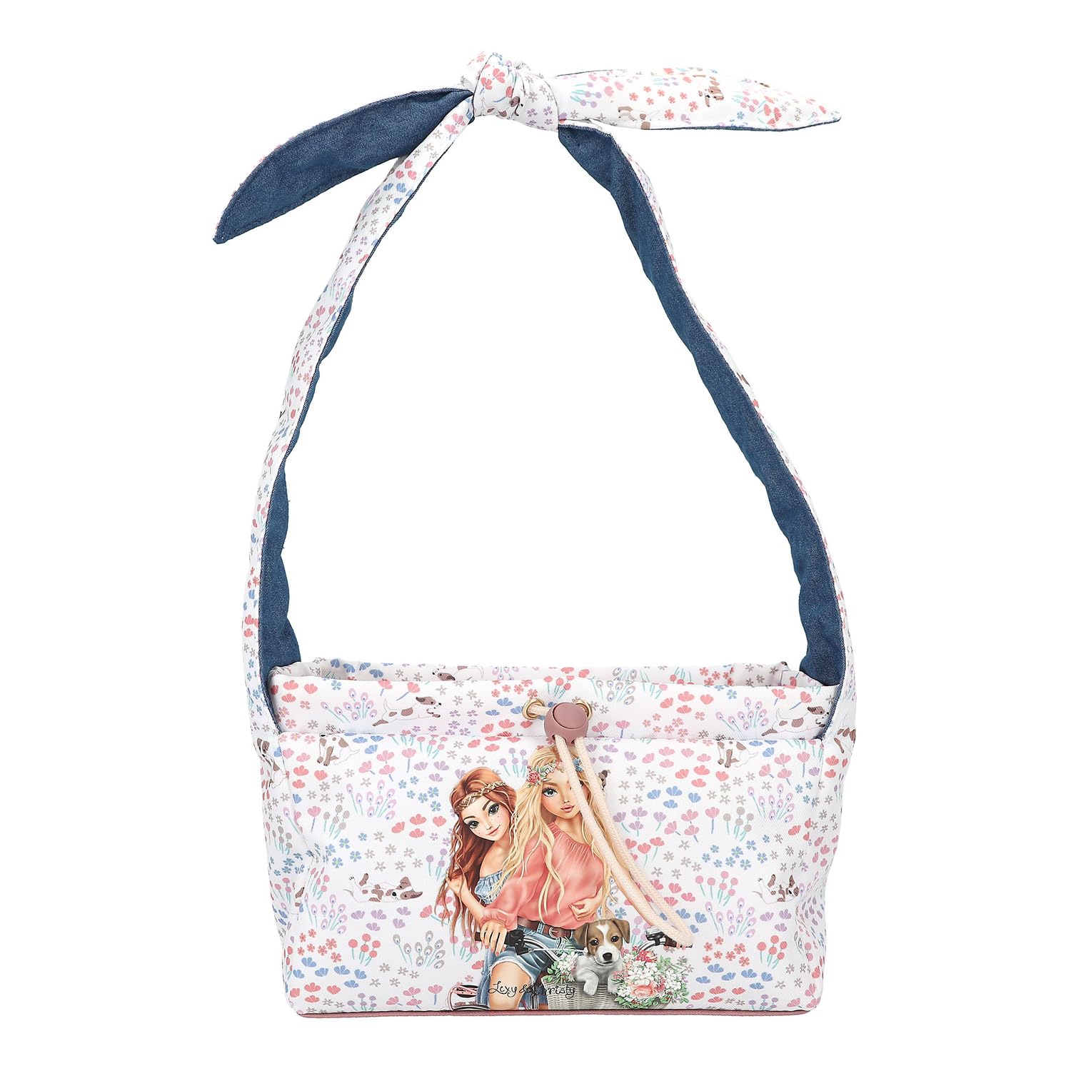 Depesche 12926 TOPModel Velo Fleur - Umhängetasche in Weiß und Blau, mit Model Motiv und Blumen Muster, Handtasche mit Knotendetail