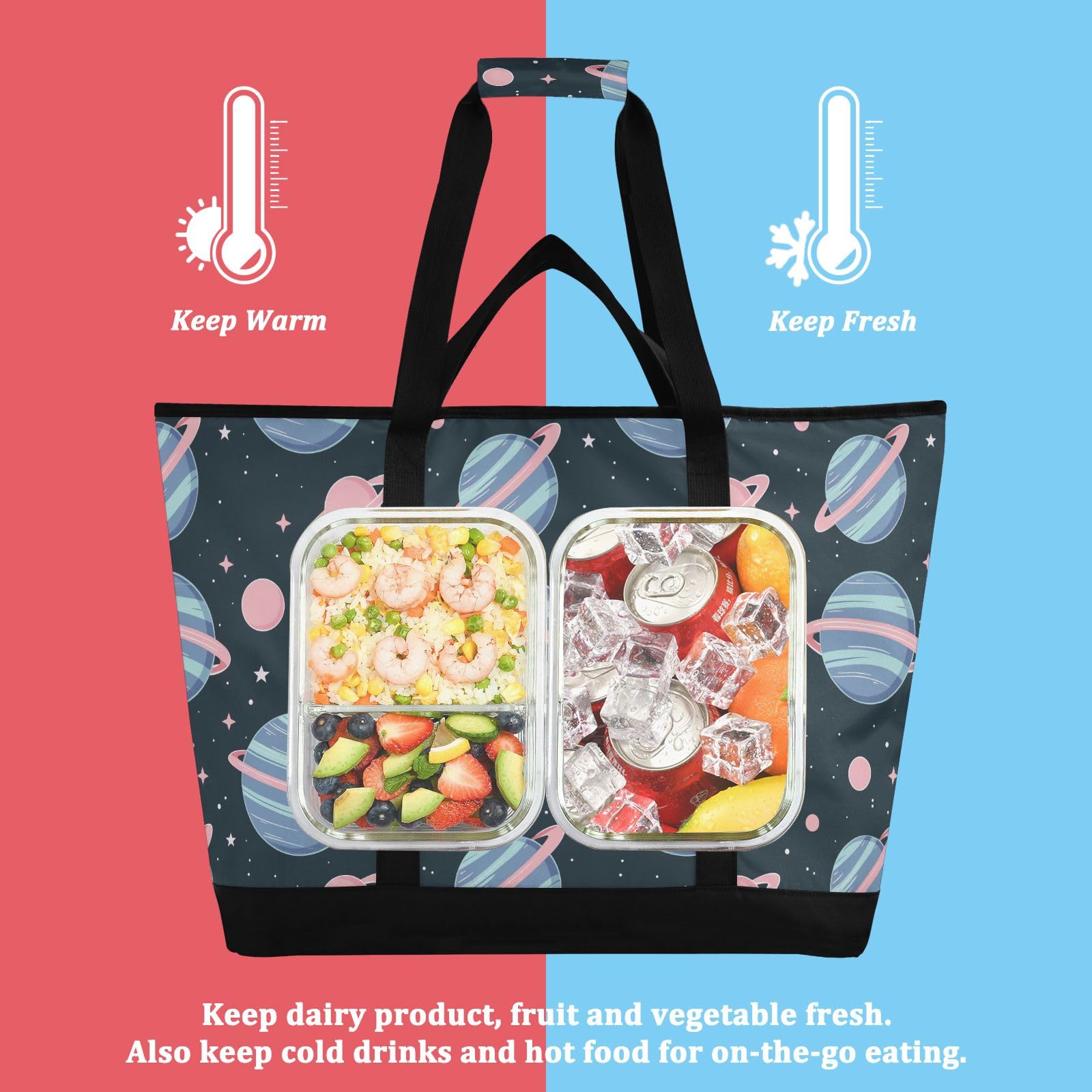 Cartoon Charming Planet - Bolsa térmica térmica reutilizable con cremallera, bolsa térmica grande portátil para viajes o camping