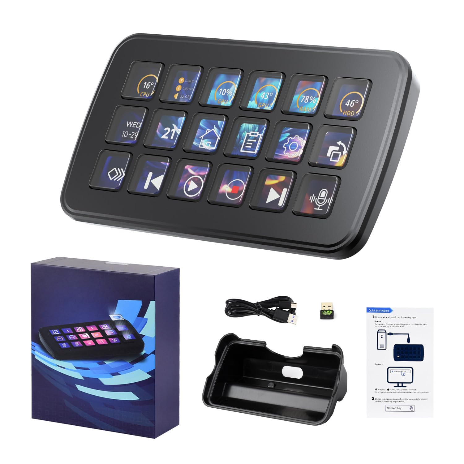 Waveshare SK18 Multi-Functional AI Voice Control Panel, Onboard 18 × Membrane LCD Macro Keys, Supports Linux + QMK Dual-System Architecture and AIDA64