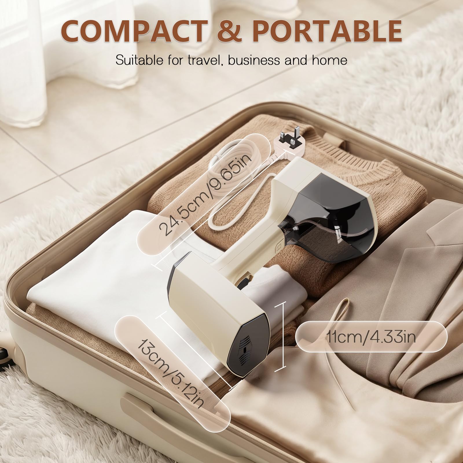 Cadrim Steamer - Ferro da stiro a vapore, 2000 W, serbatoio dell'acqua da 350 ml, portatile, con 3 livelli di vapore, ferro da stiro da viaggio per casa, ufficio, viaggi (bianco)