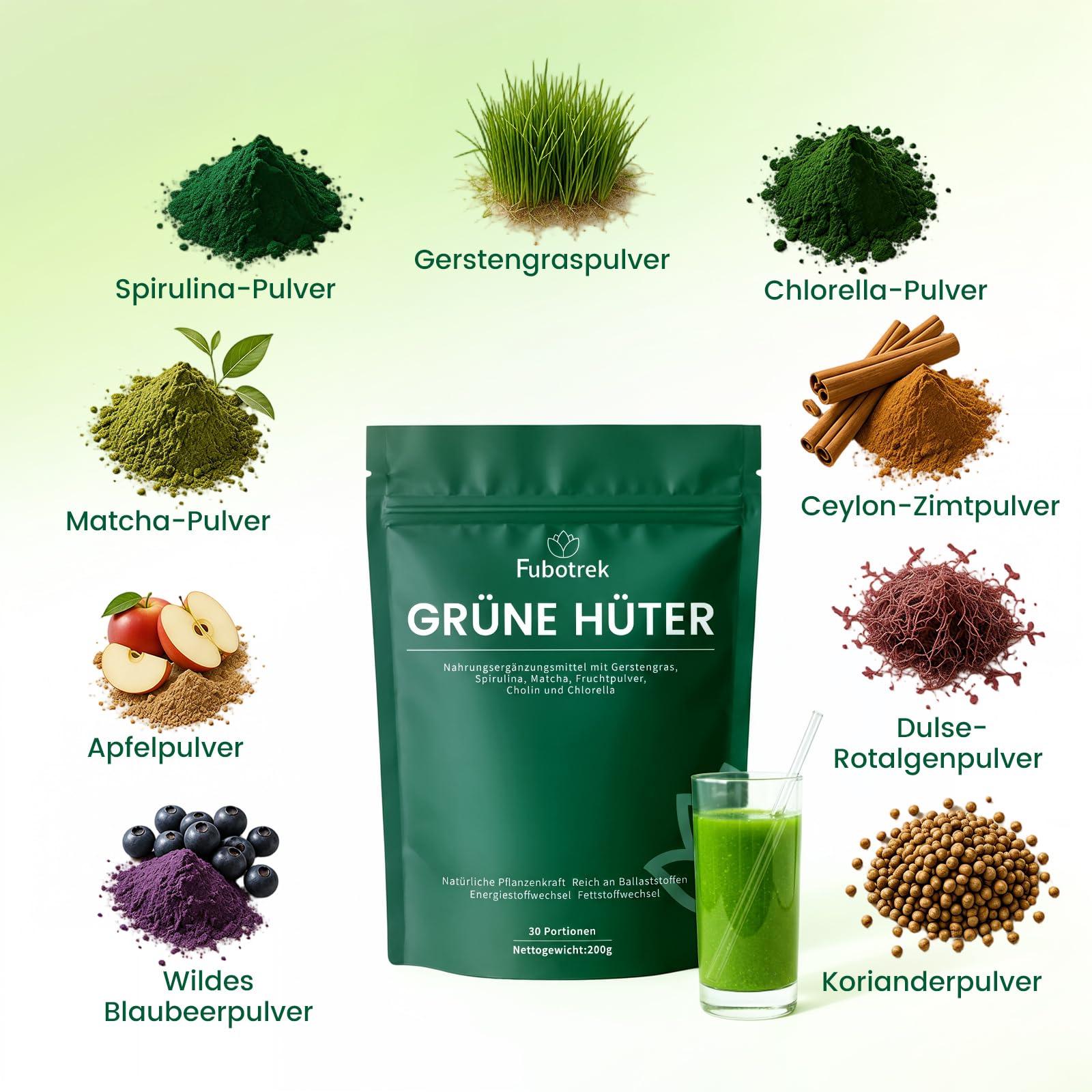 Grüne Entgiftungspulver Helfer,200g Grüner Superfood Pulver Helper Mix mit Matcha, Spirulina, Gerstengras & Heidelbeeren | Ballaststoffreich & Vegan | Greens Pflanzenpulver für Alltag & Ernährun