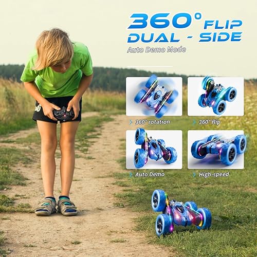 Miniatura 5 de Coche de acrobacias con control remoto 4WD 360 Flip doble cara RC Cars, barra de luz LED, batería modular USBC, juguete de playa al aire libre de