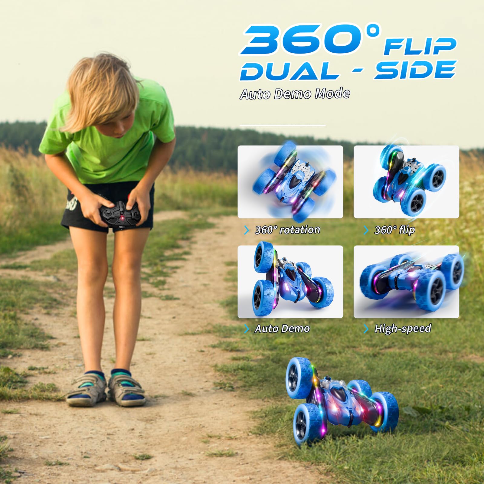 Remote Control Stunt Car 4WD 360° Flip Double‑Sided RC Cars, LED Light Bar, USB‑C Modular Battery, 2.4 GHz Outdoor Beach Toy for Boys 6‑12 Years Old, Birthday & Christmas Kids Gift, Blue