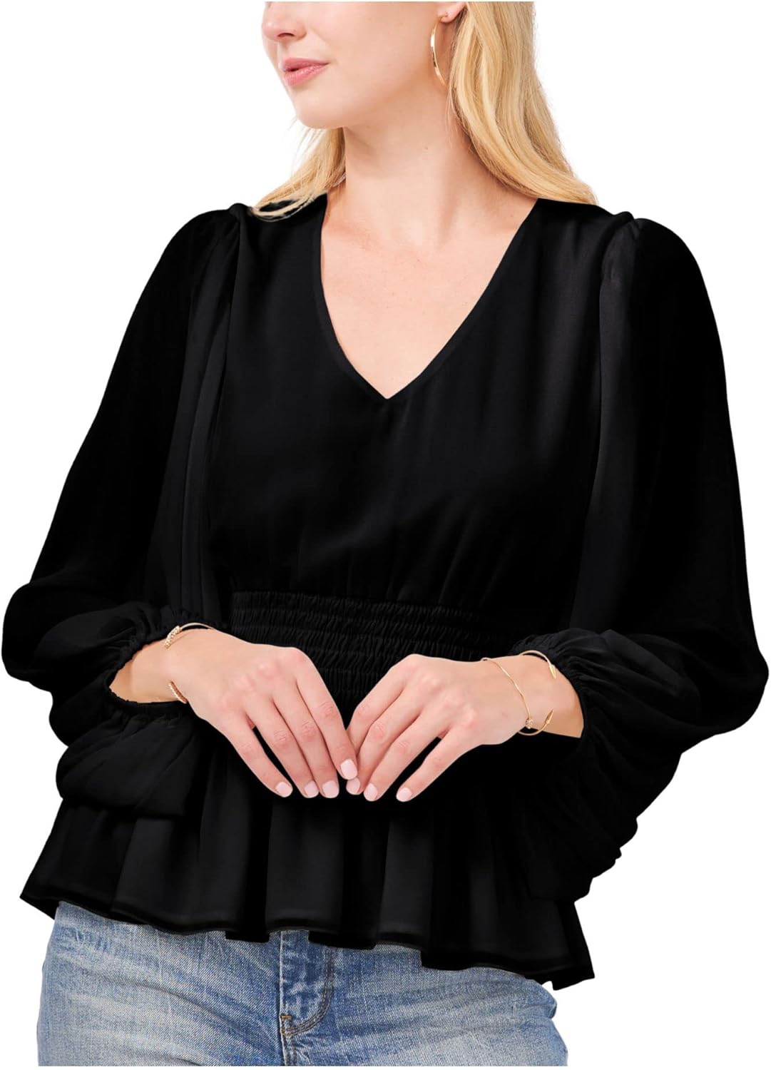 Vince Camuto Long Sleeve V-Neck Peplum Chiffon Blouse