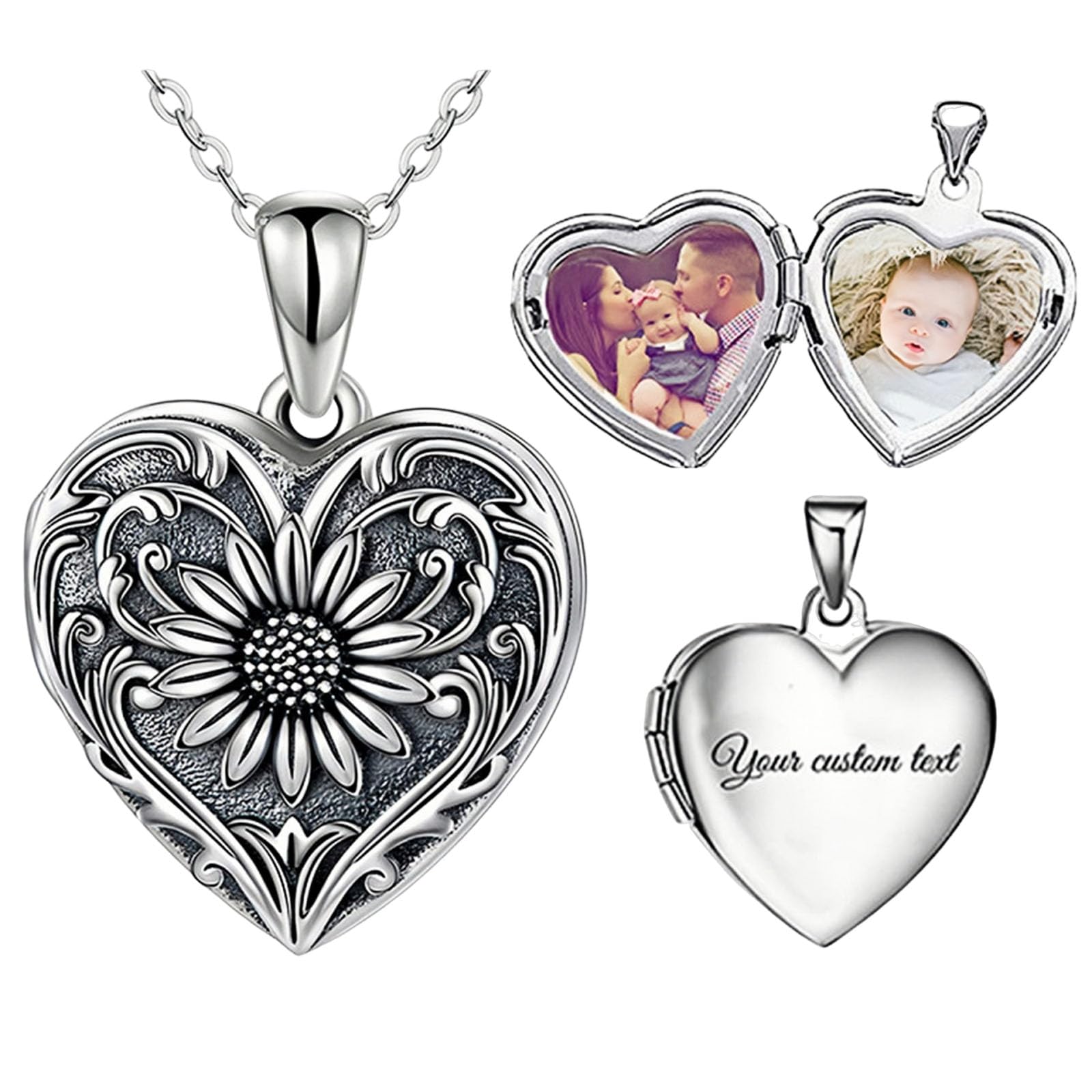 Collar Relicario Personalizado - Collar Relicario de Corazón de Plata de Ley 925 Personalizado con Portafotos y Grabado - Regalo de Joyería Conmemorativo Para Novia, Esposa, Mamá, Abuela