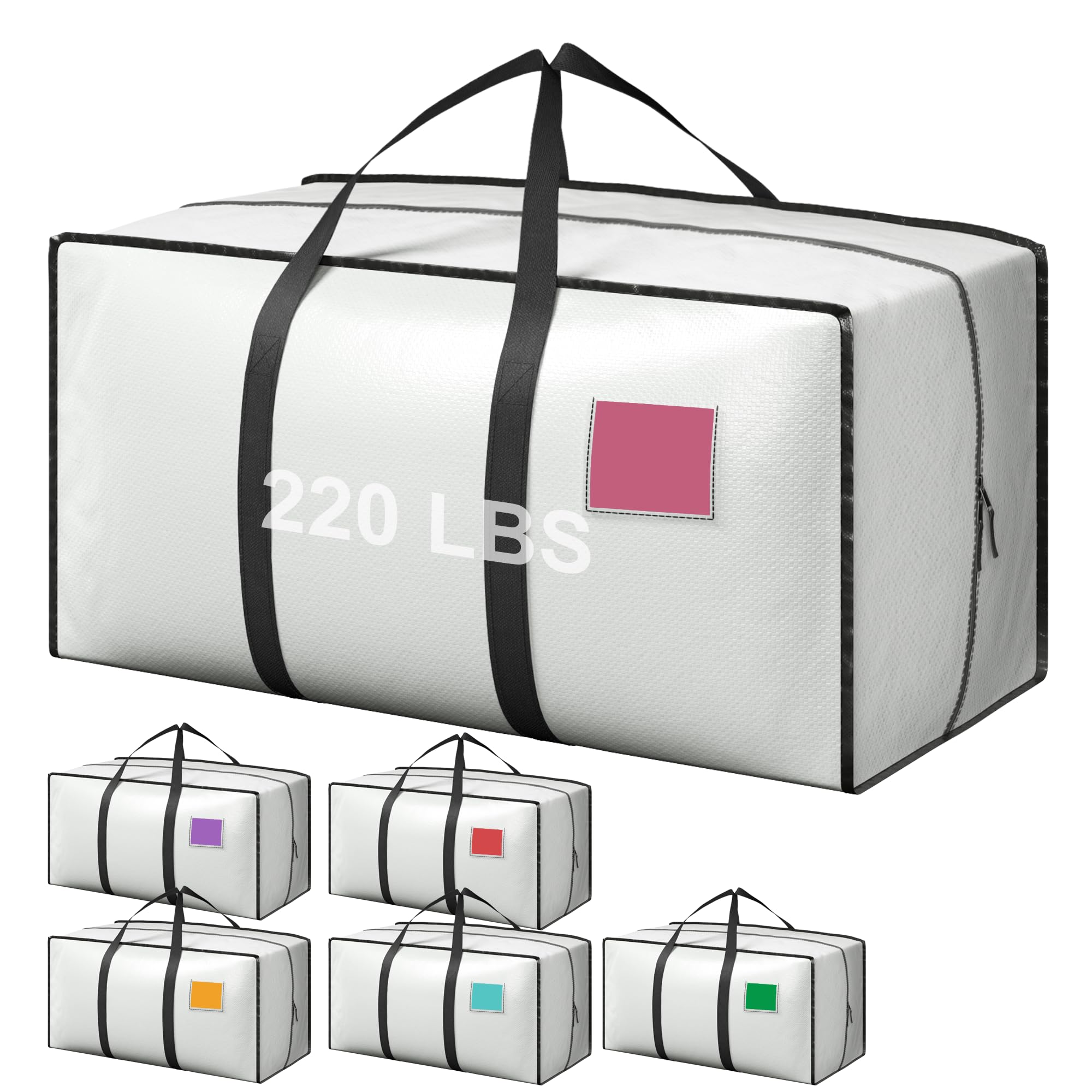 6 Pack Moving Bags Heavy Duty 210GSM with Full-Open Side Zipper, 93L 65lbs Waterproof Foldable Storage Totes for College Dorm Move-In, Moving Boxes Alternative &amp; Home Organization,White