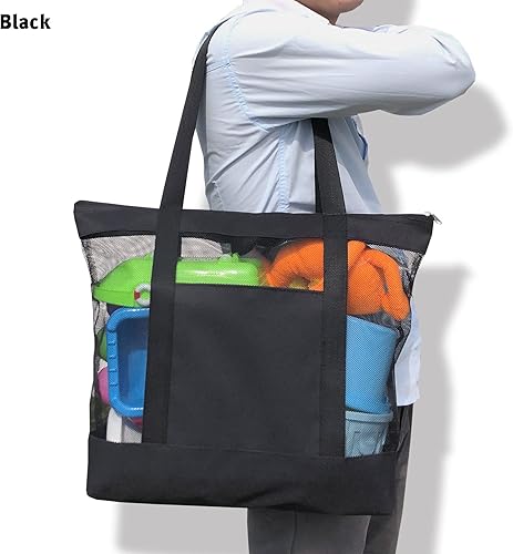 Miniatura 4 de Paquete de 2 bolsas de malla ligeras para playa, a prueba de arena, con cremallera y bolsillo doble para comestibles, junto a la piscina, viajes,