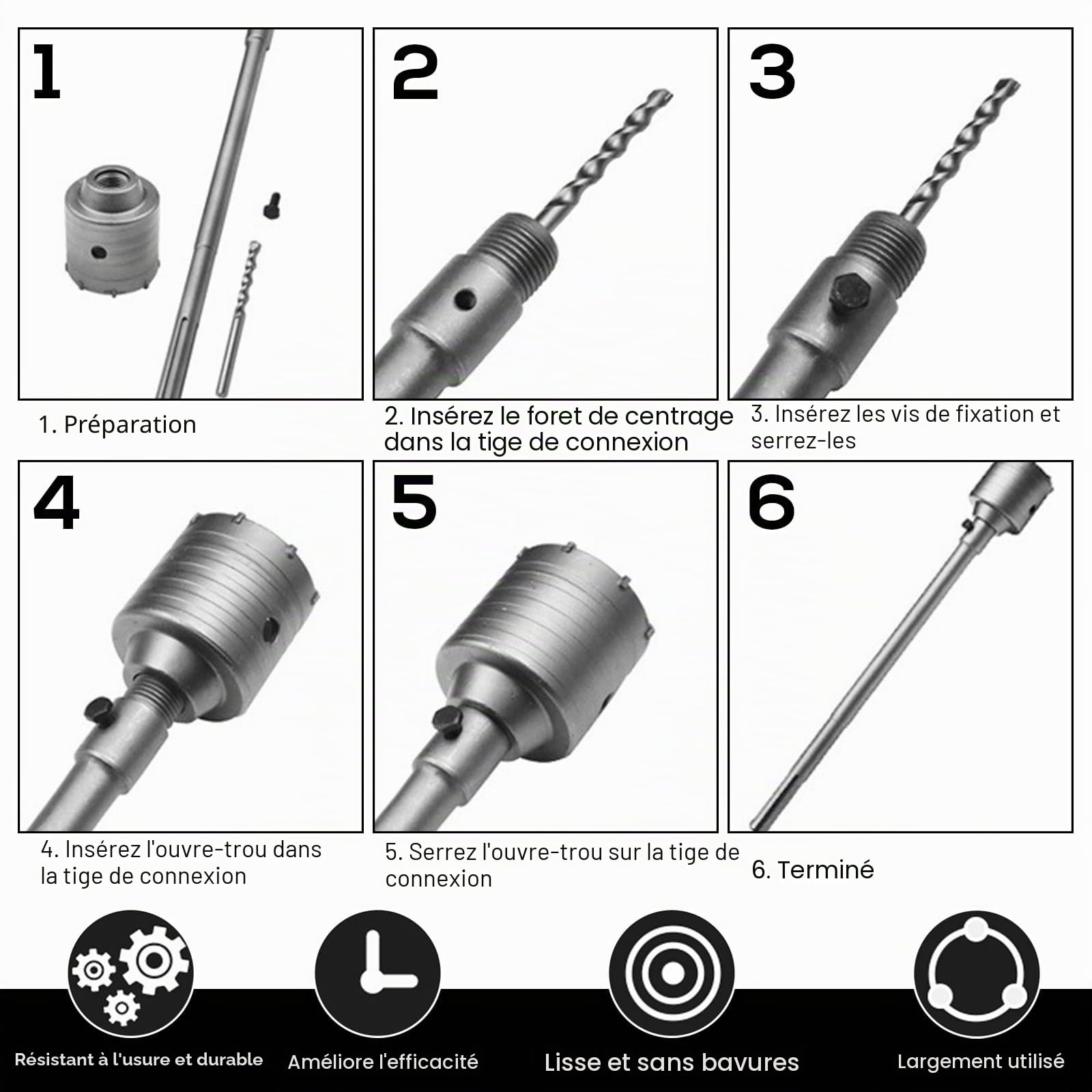 PORFOYO, Tige d'extension pour couronnes, 410 mm, SDS Plus, M22 x 2,0 mm, foret de centrage, vis de fixation