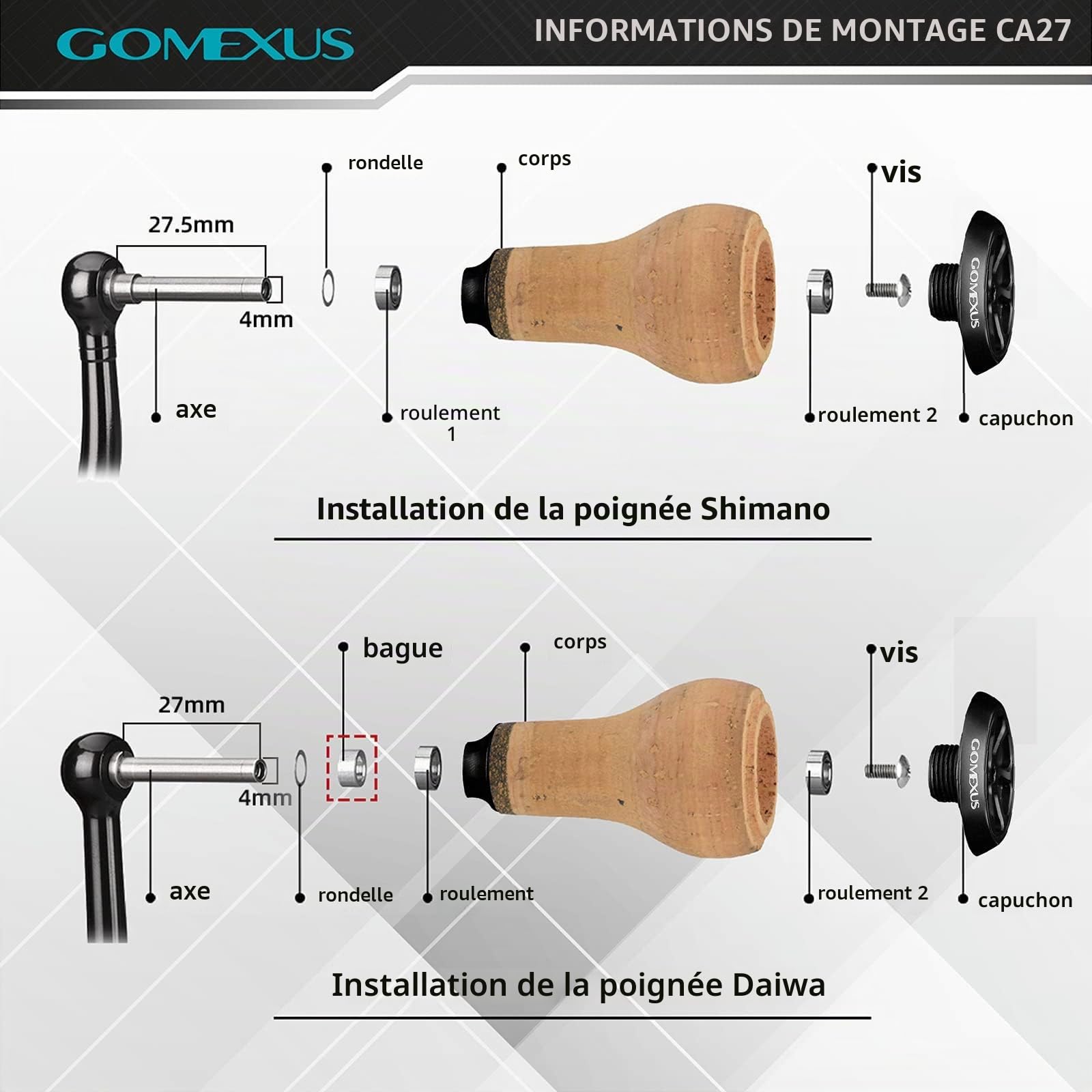 Gomexus Poignée de Moulinet de pêche Compatible avec Shimano SLX Tranx Daiwa Tatula Zillion Abu Garcia Revo 13 Moulinet de pêche avec poignée en liège| Pêche au Bar