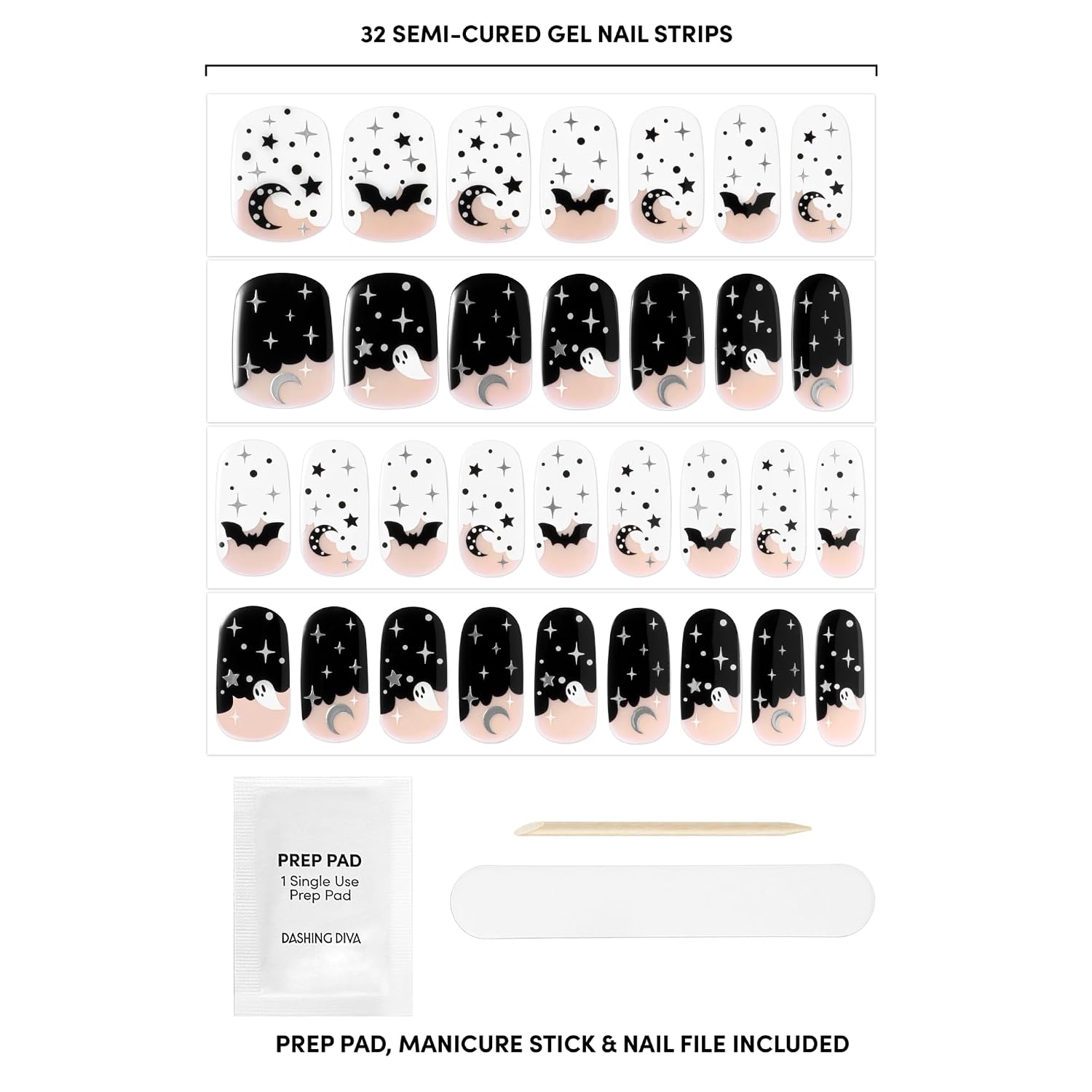 Dashing Diva Glaze Nail Strip Set - By Night - Long Lasting, Chip Resistant, Semi-Cured Gel Nail Strips - Halloween Gel Set - 4-Piece Manicure Kit with 32 Strips