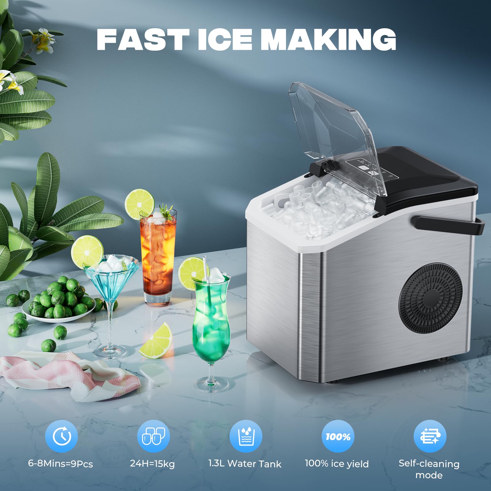 Fabbricatore di Ghiaccio 15kg/24h, 9 Cubetti in 6 Min, Macchina Ghiaccio Portatile con Maniglia e Pulizia Automatica, 2 Dimensioni Cubetti a Proiettile, per Cucina, Campeggio, Casa, Festa - Nero/Inox