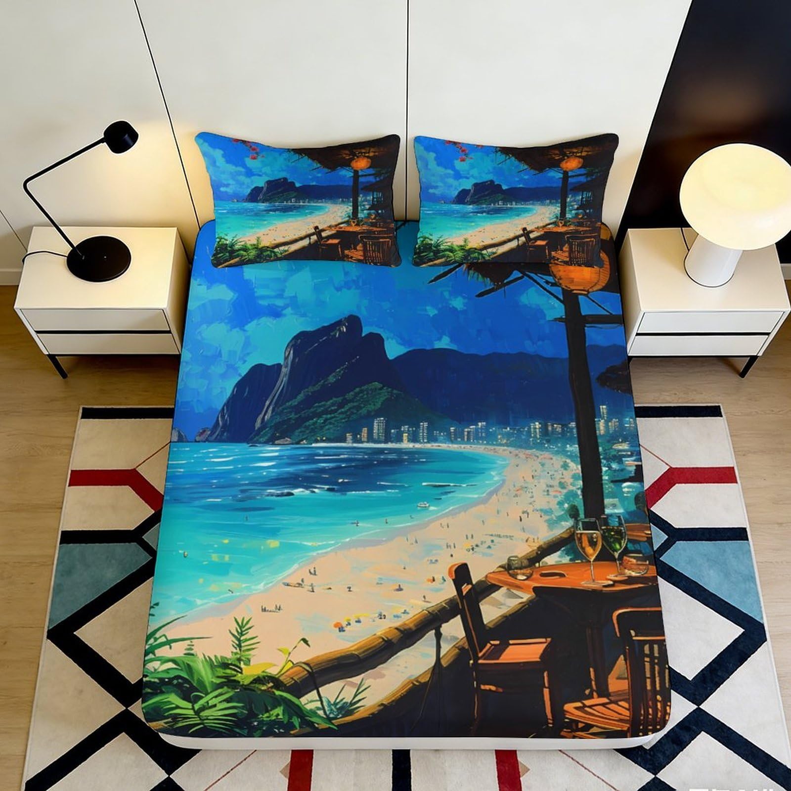 3D Printed Beach Scenery Fitted Sheet Microfiber Deep Pocket Non-Slip Bedroom Bedding Coastal Mattress Fitted Cover Washable All-Round Protector 200x200x25cm 90x200x25cm