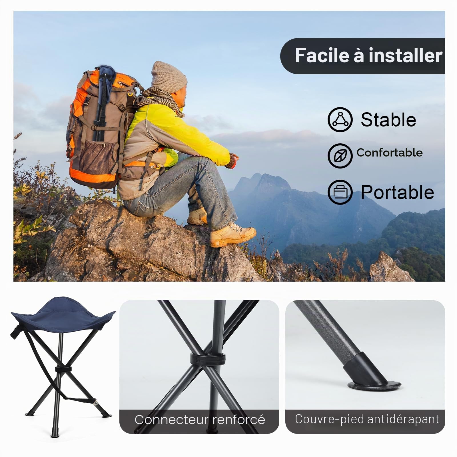 Tabouret de Camping Pliante à Trois Pieds, Siège de Camping Portable Ultra Léger, Petit Chaise Pliante pour Pêche, Pique-Nique Plage Barbecue Voyage Randonnée Chass-Bleu