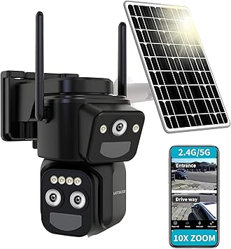 LETSCEE Security Cameras Wirelss Outdoor Solar Powered for Home Security, 360 View Outside Camera,Motion Detection,10x Hybrid Zoom PAN Tile,i IP-65 Weather Proof 3 Lens Hybrid Zoom
