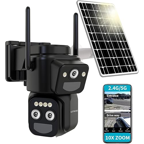 LETSCEE Security Cameras Wirelss Outdoor Solar Powered for Home Security, 360 View Outside Camera,Motion Detection,10x Hybrid Zoom PAN Tile,i IP-65 Weather Proof (3 Lens Hybrid Zoom)