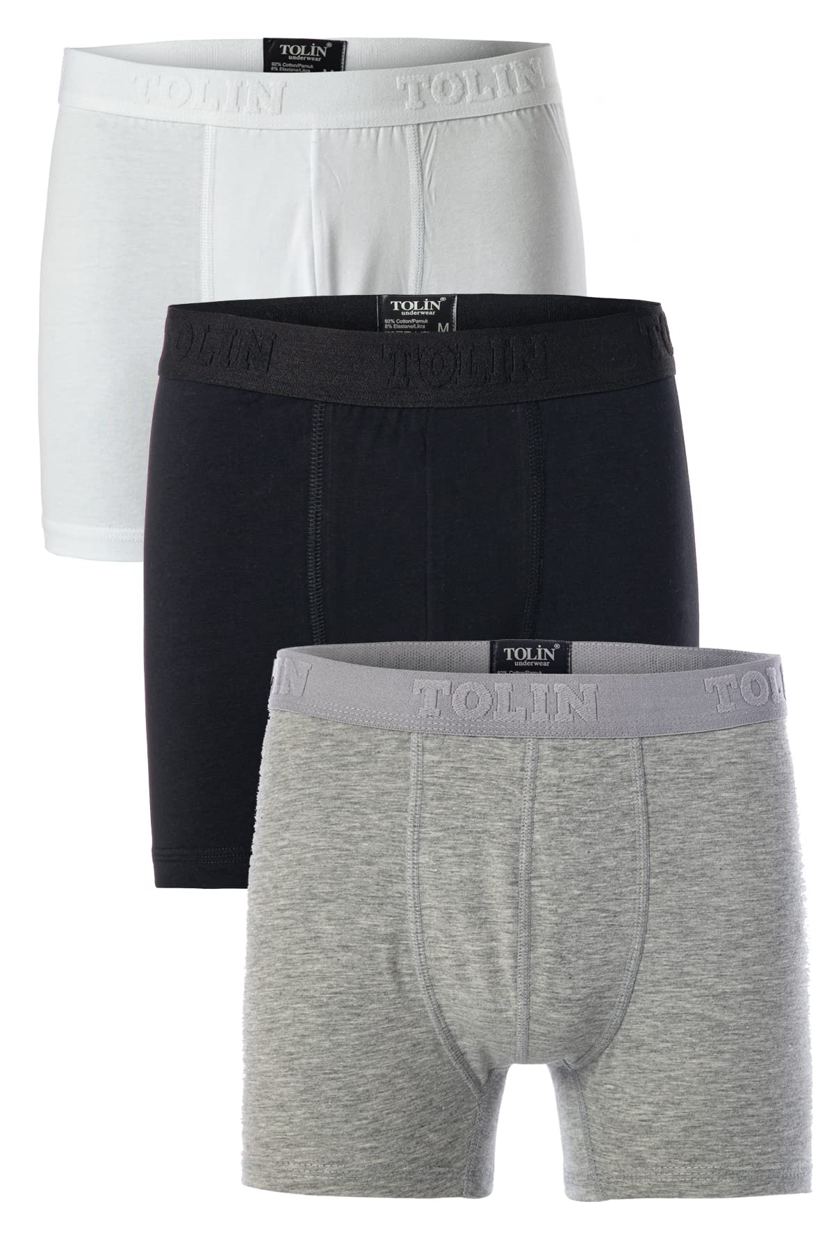 Men's Boxer Shorts 3 Pcs Soft Cotton Lycra Breathable Colored Buttonless Closed Front Waistband with TOLIN Lettering Underwear Briefs TOLIN4147-01